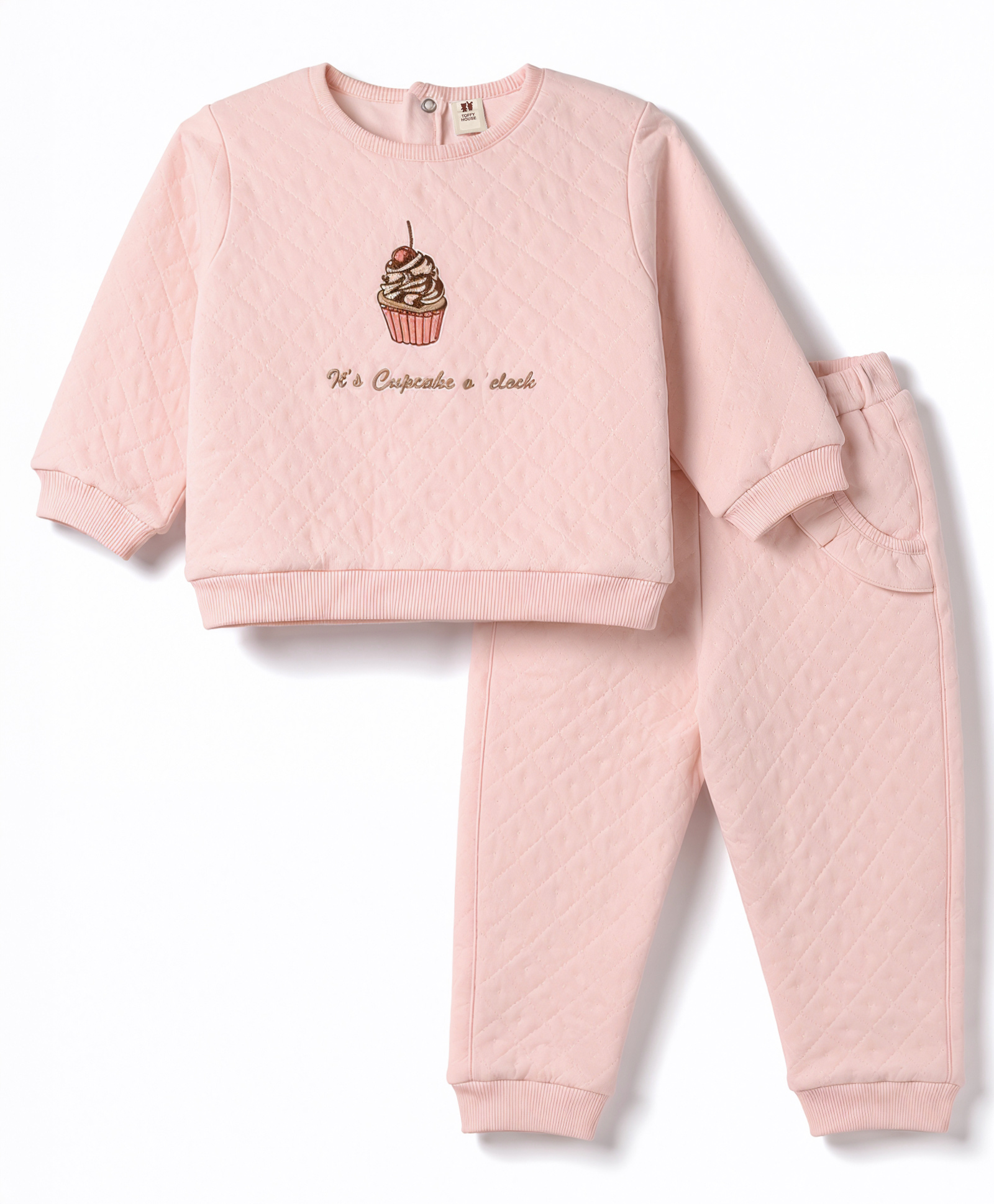 ToffyHouse Cotton Woven Full Sleeves Sweatshirt & Pant Winter Wear Suit With Cupcake Embroidery - Light Pink-image-18