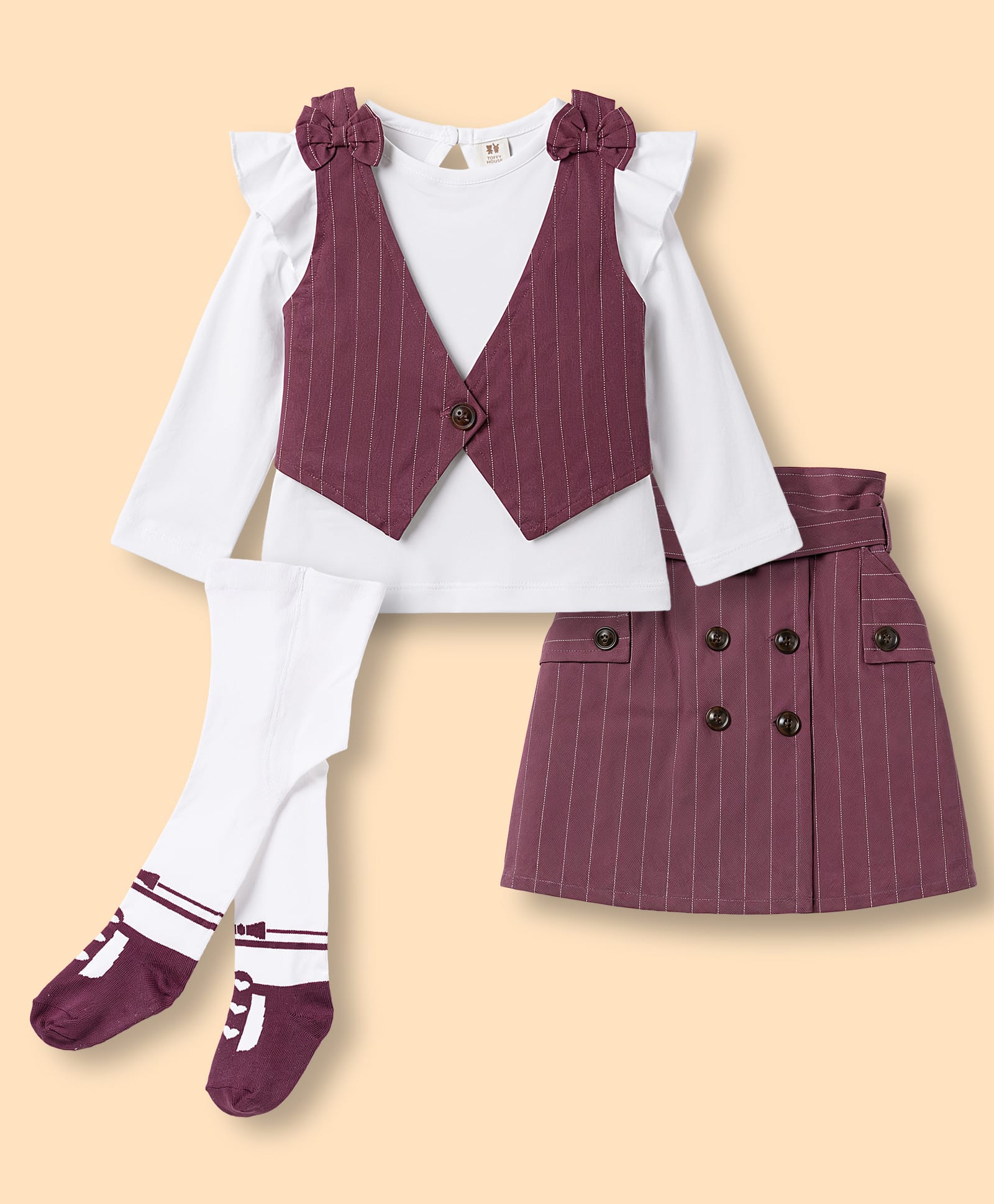 ToffyHouse Cotton Woven Full Sleeves Striped Top & Skirts Set With Waistcoat & Leggings - Wine-picture-14