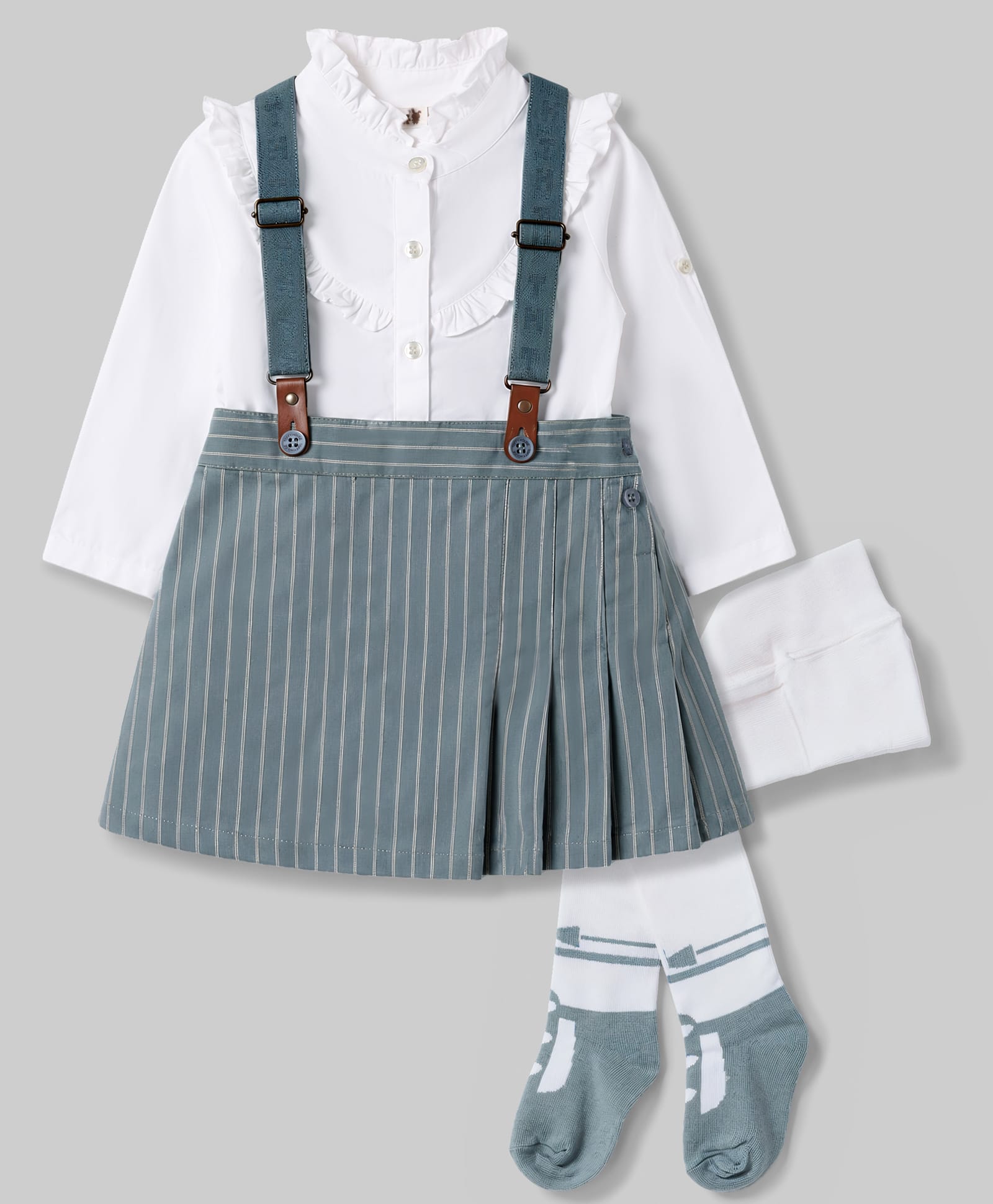 ToffyHouse Cotton Woven Full Sleeves Top & Striped Skirt Set With Stockings - Green-picture-10
