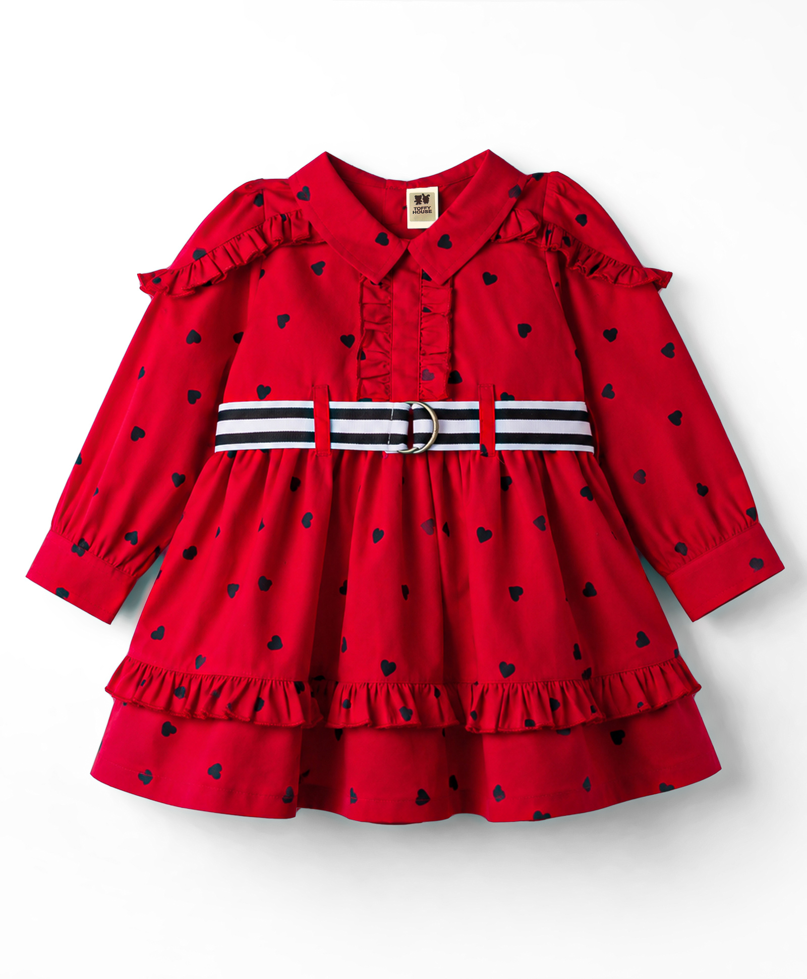 ToffyHouse Cotton Woven One Piece Dresses/Frocks Full Sleeves with Heart Print and Ruffles Pink 9-12 Months-image-35