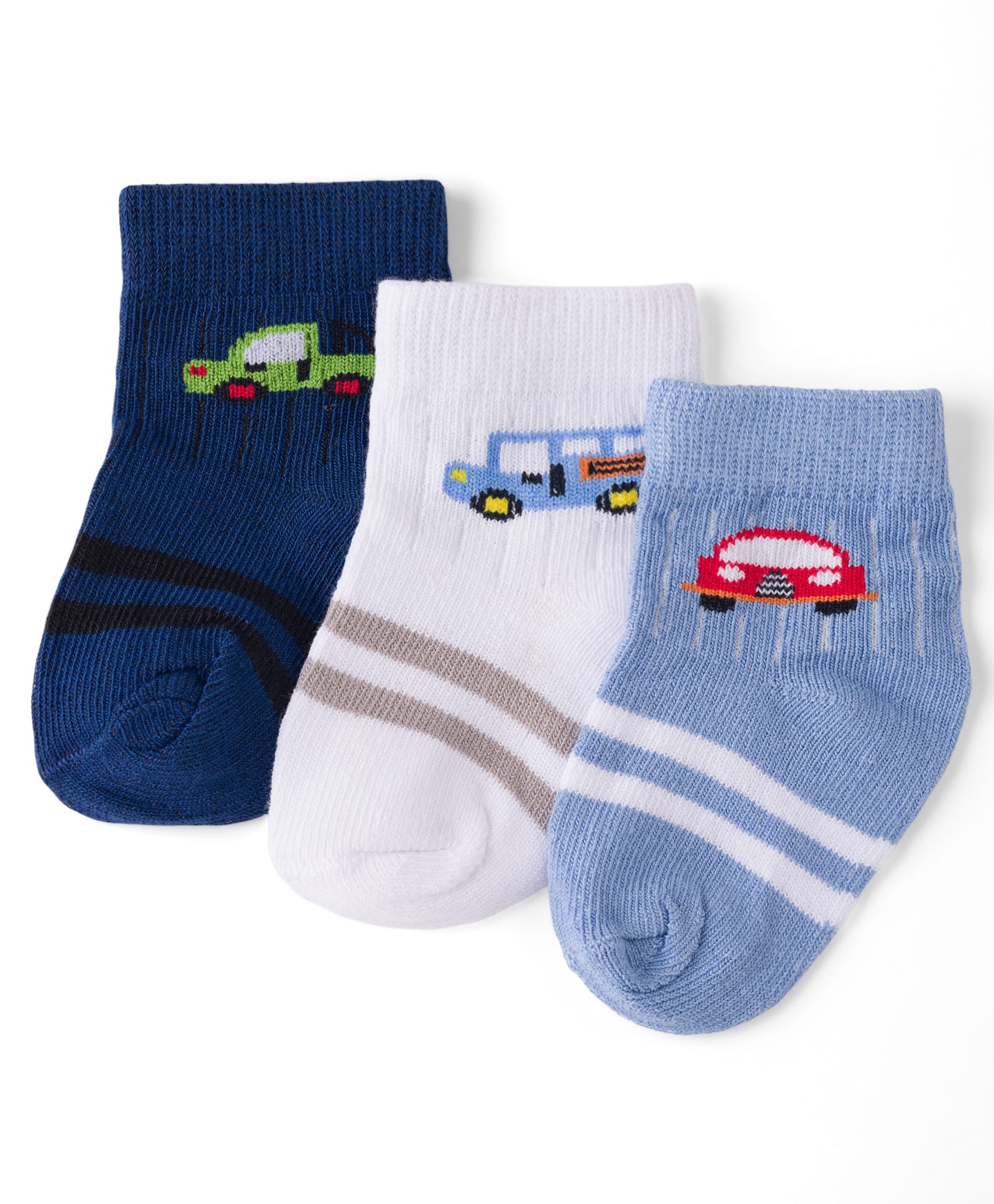 Doodle Poodle Knit Ankle Length Socks with Stripe & Car Design Pack of 3 - White-picture-1