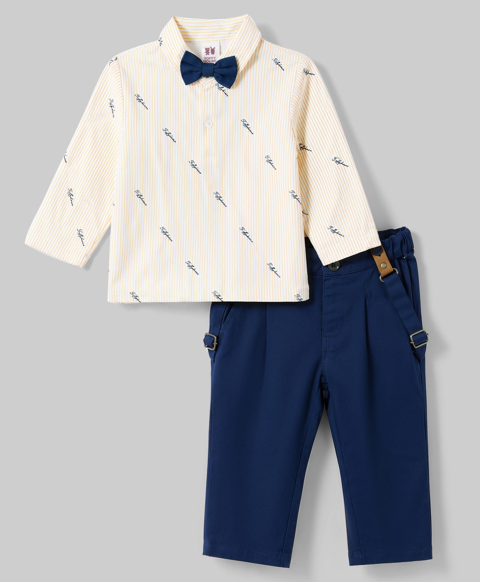 ToffyHouse Cotton Knit Full Sleeves Striped & Text Printed T-Shirt & Pant Set With Suspender & Bow - Navy Blue-picture-11