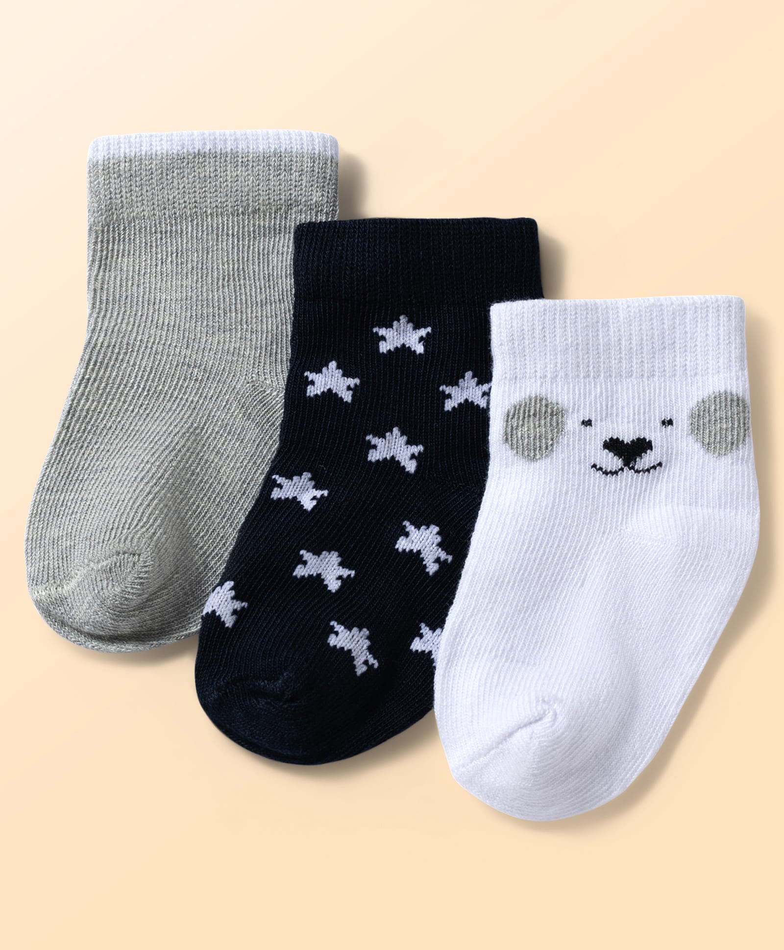 Doodle Poodle Cotton Knit Ankle Length Star & Bear Design Socks Pack of 3 - Grey White & Navy Blue-image-34