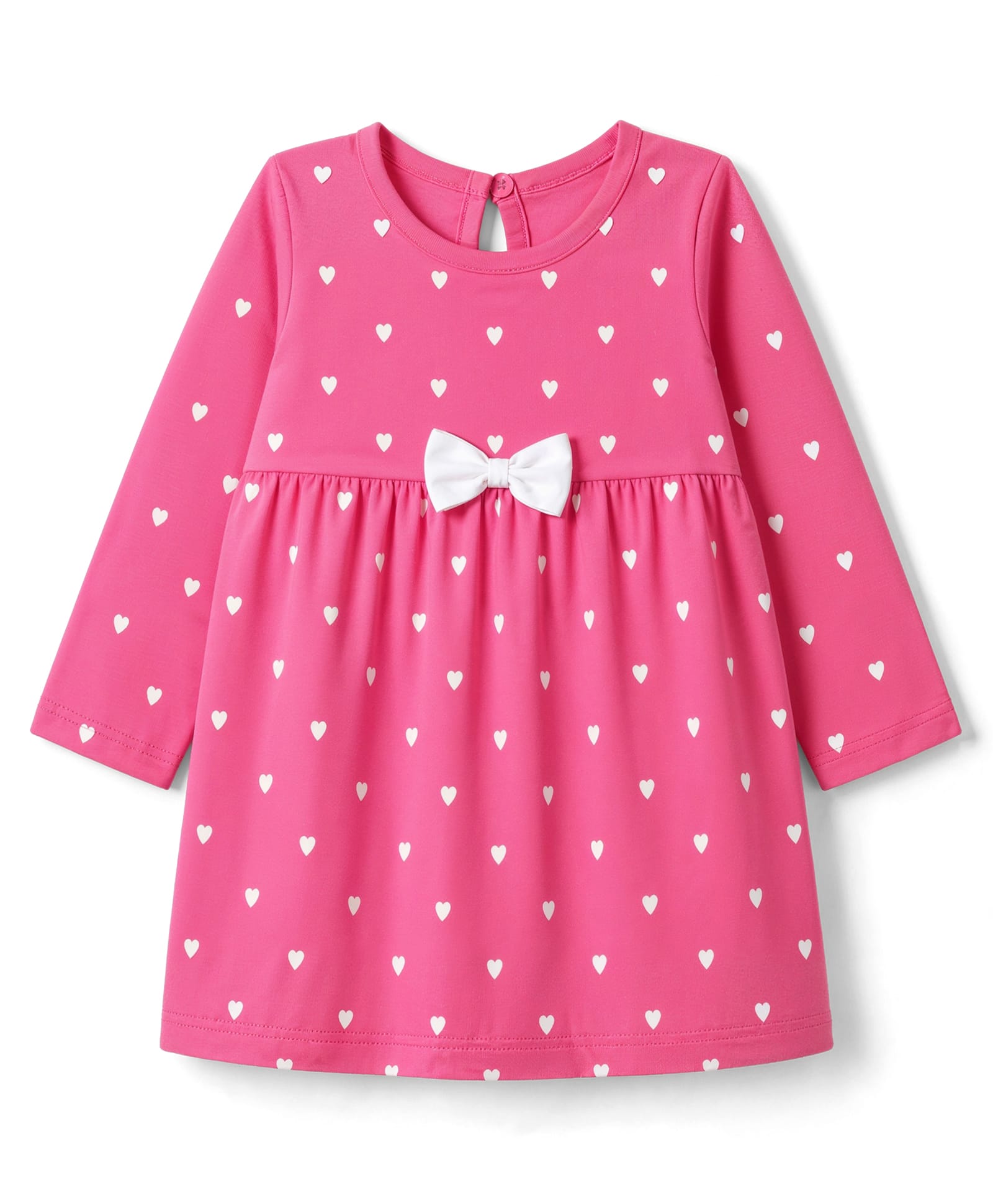 Babyhug Single Jersey Knit Full Sleeves One Piece Dress with Hearts Print & Bow Applique - Pink-picture-25