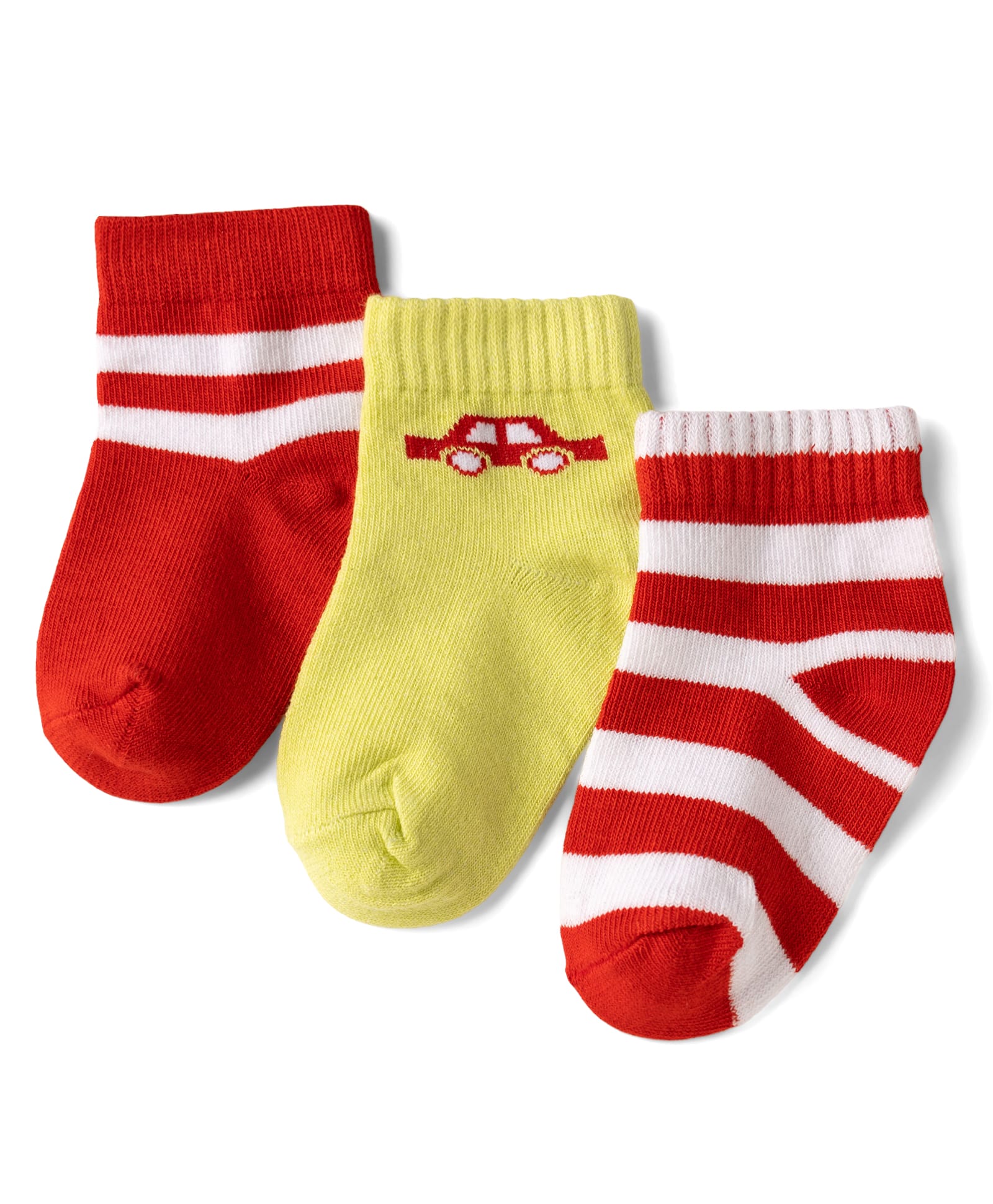 Doodle Poodle Cotton Knit Ankle Length Striped Socks With Car Design Pack Of 3 - Red & Yellow-picture-2
