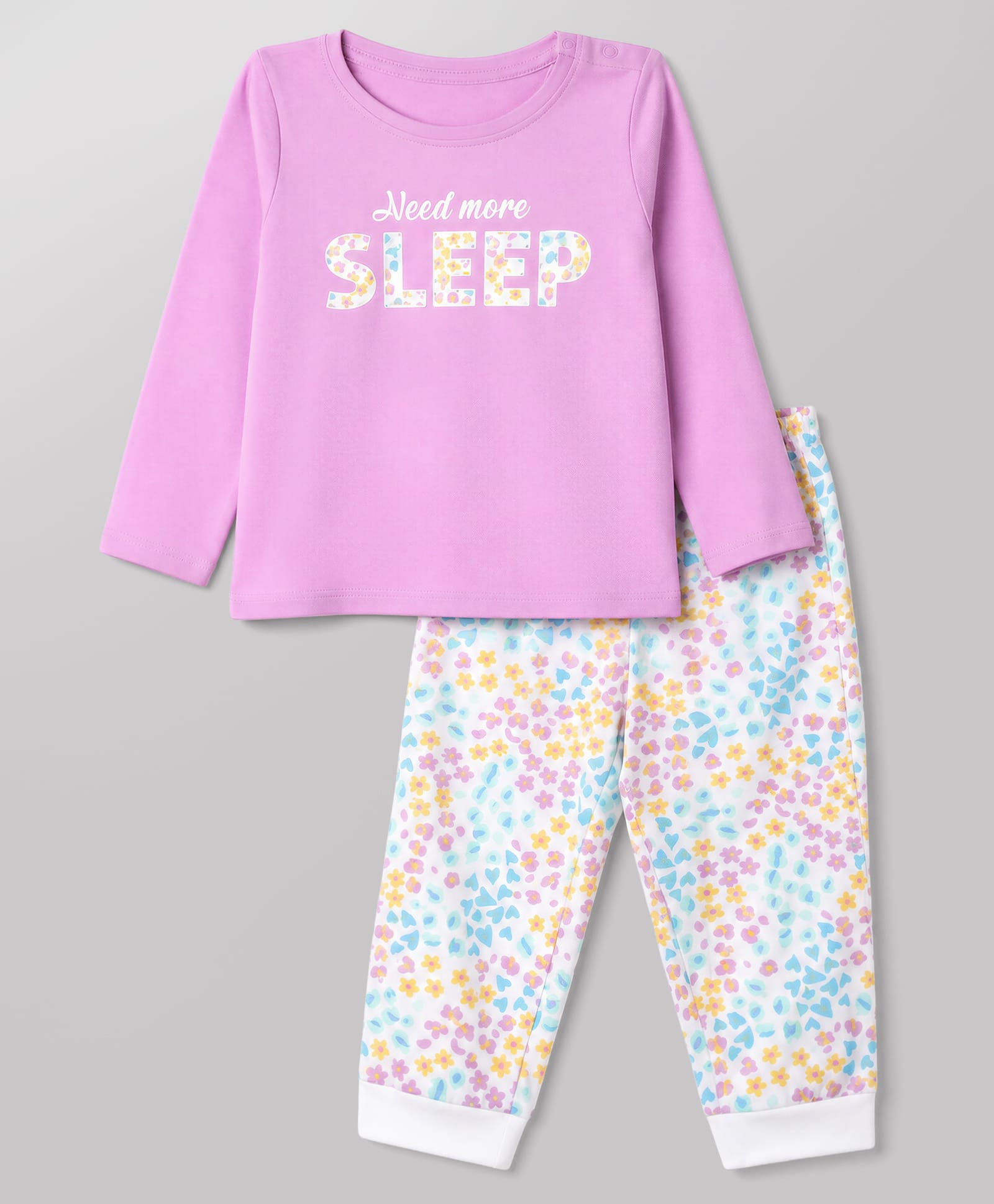 Honeyhap Premium 100% Cotton Knit Full Sleeves Need More Sleep Printed T-Shirt & Pyjama Night Suit with Bio Finish - Violet-image-37