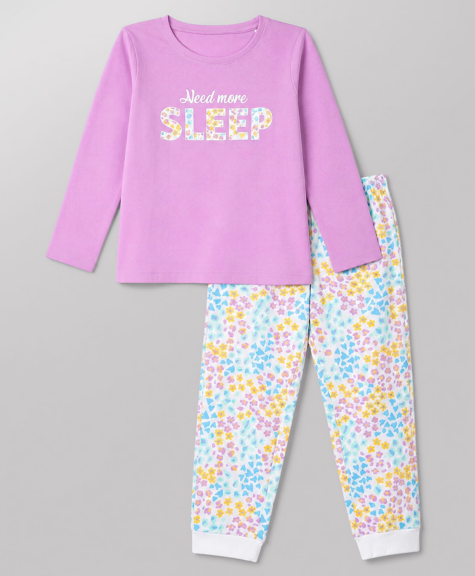 Honeyhap Premium 100% Cotton Knit Full Sleeves Need More Sleep Printed T-Shirt & Pyjama Night Suit with Bio Finish - Violet-picture-16