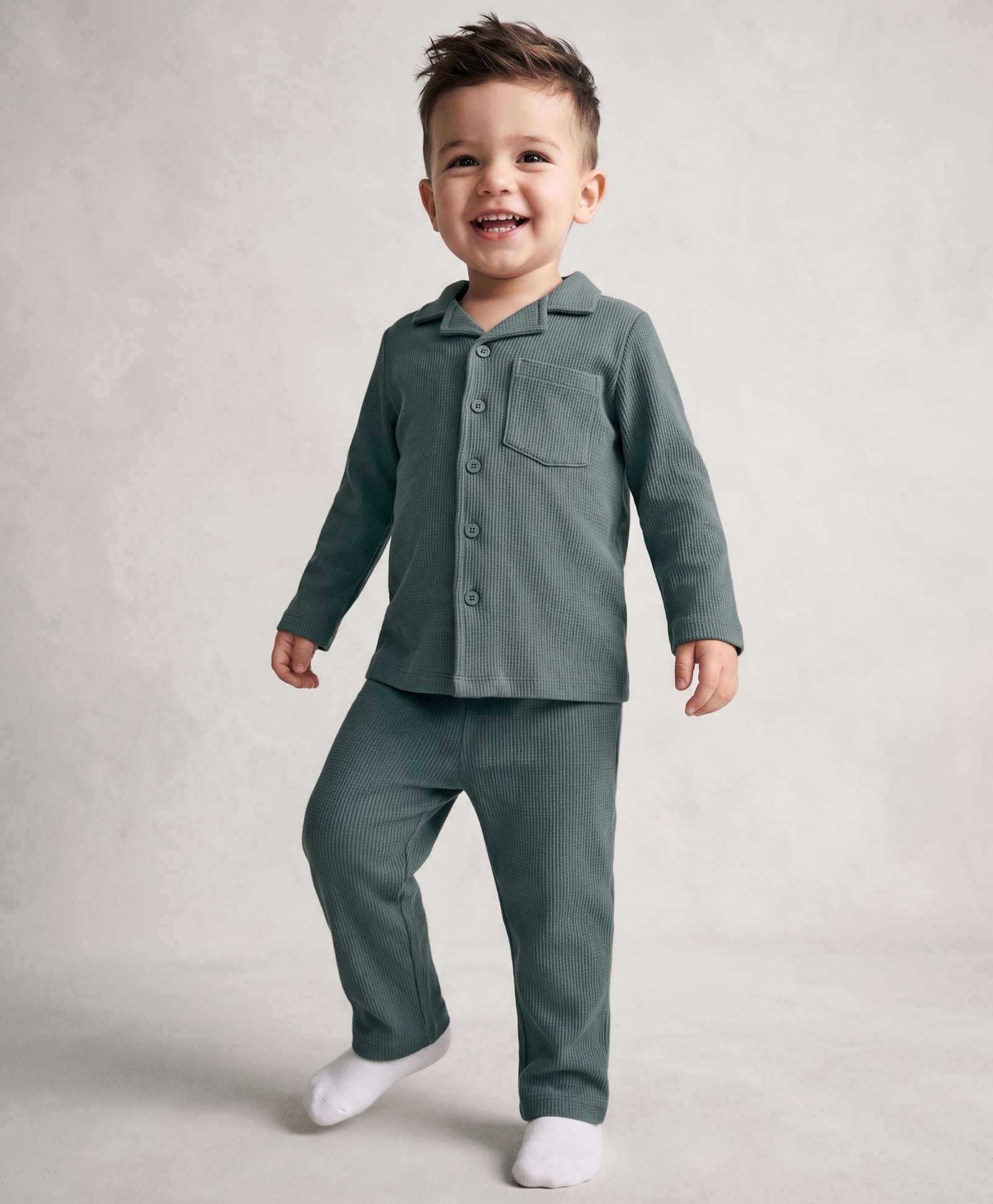 Babyhug Cotton Knit Full Sleeves Co-Ords Front Open Shirt & Pyjama Night Suit with Pocket - Green-image-38