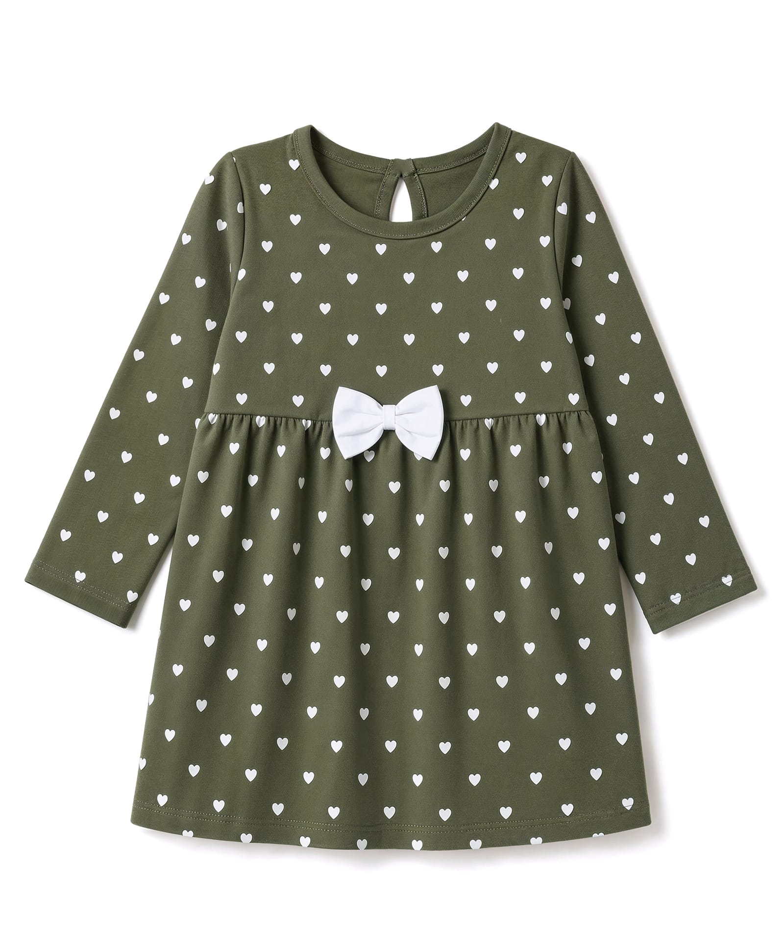 Babyhug Single Jersey Knit Full Sleeves One Piece Dress with Hearts Print & Bow Applique - Green-picture-27