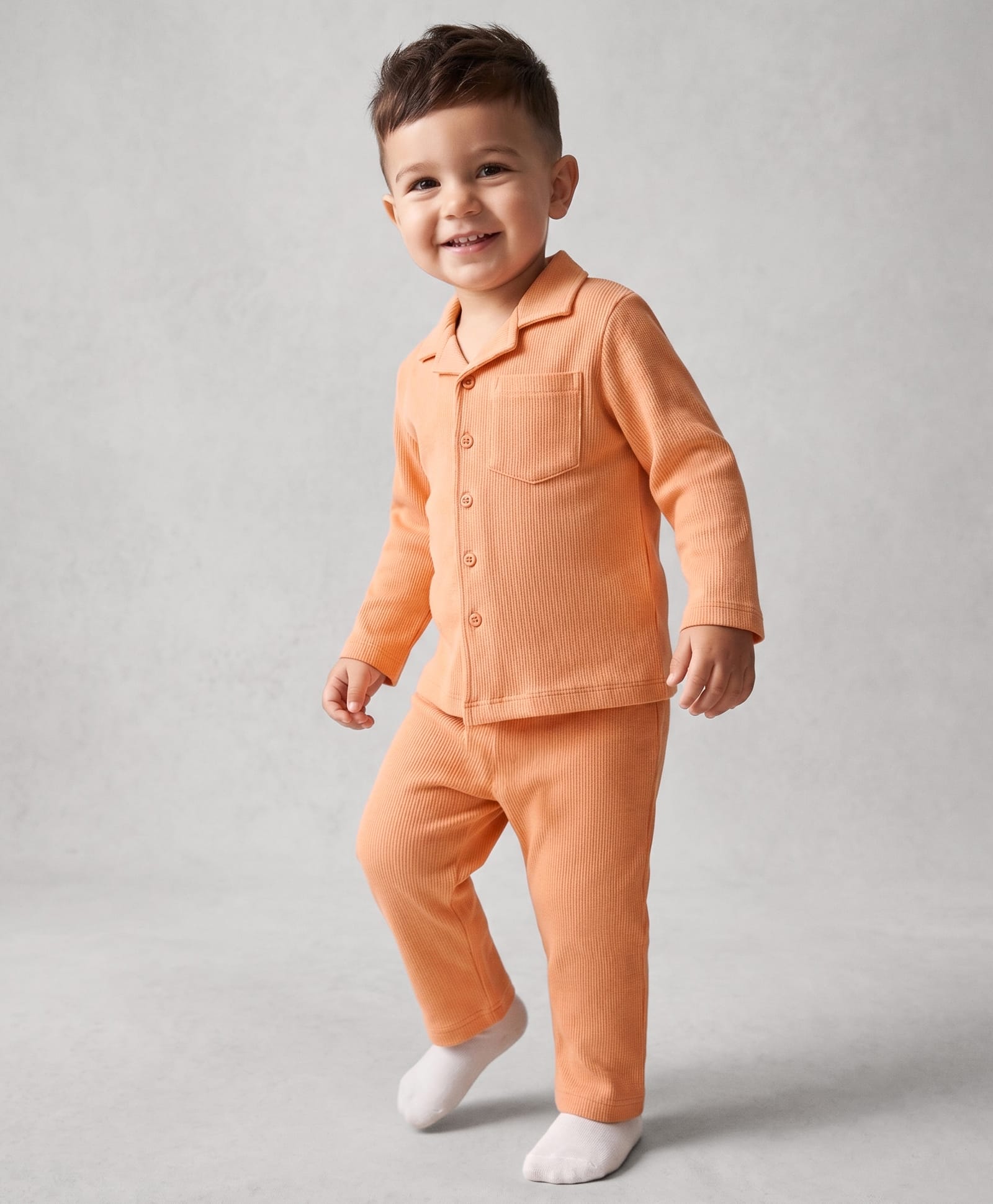 Babyhug Cotton Knit Full Sleeves Co-Ords Front Open Shirt & Pyjama Solid Night Suit with Pocket - Peach-image-20