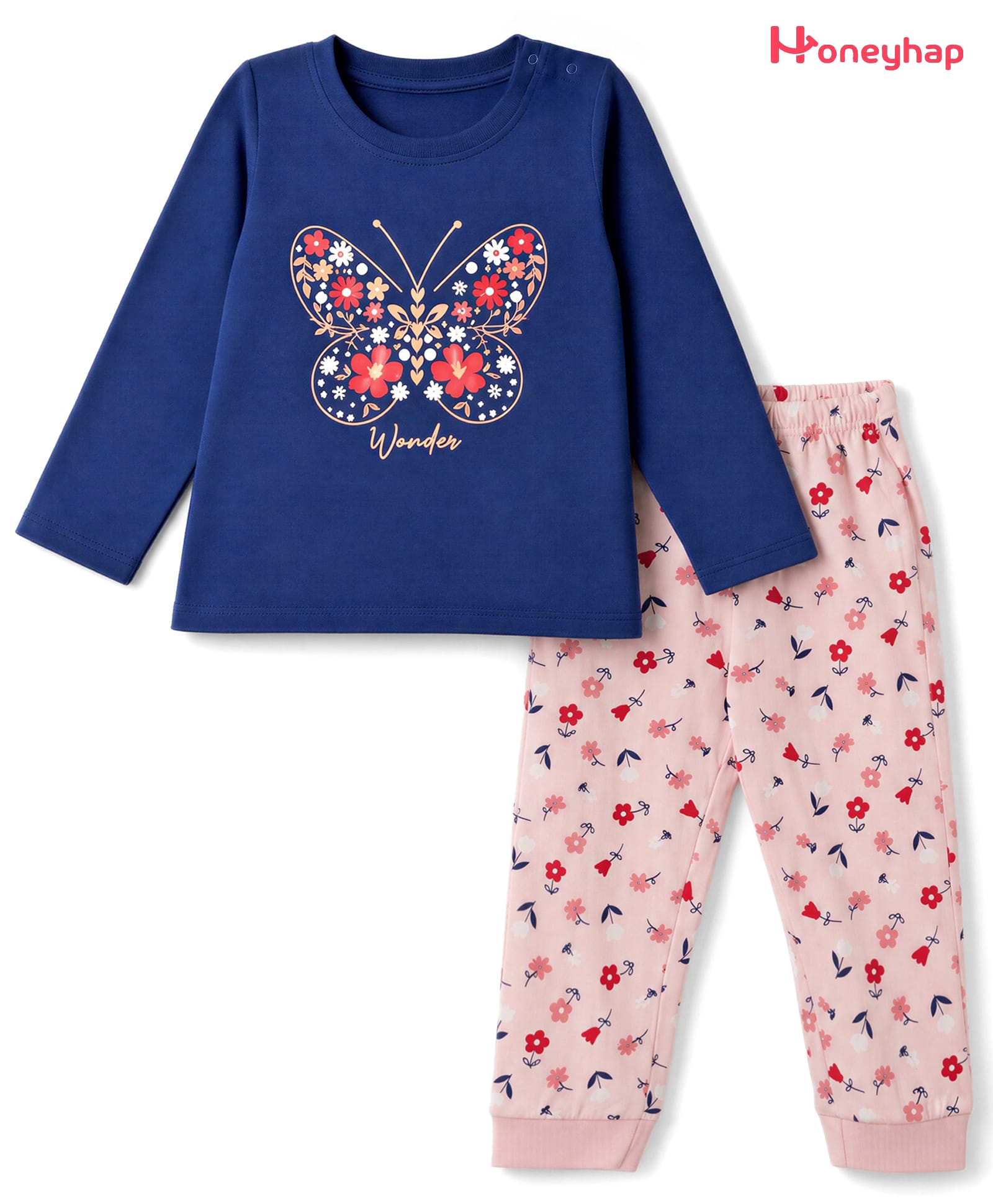 Honeyhap Premium 100% Cotton Knit Full Sleeves Butterfly & Floral Printed T-Shirt & Pyjama Night Suit with Bio Finish - Navy Blue-image-33