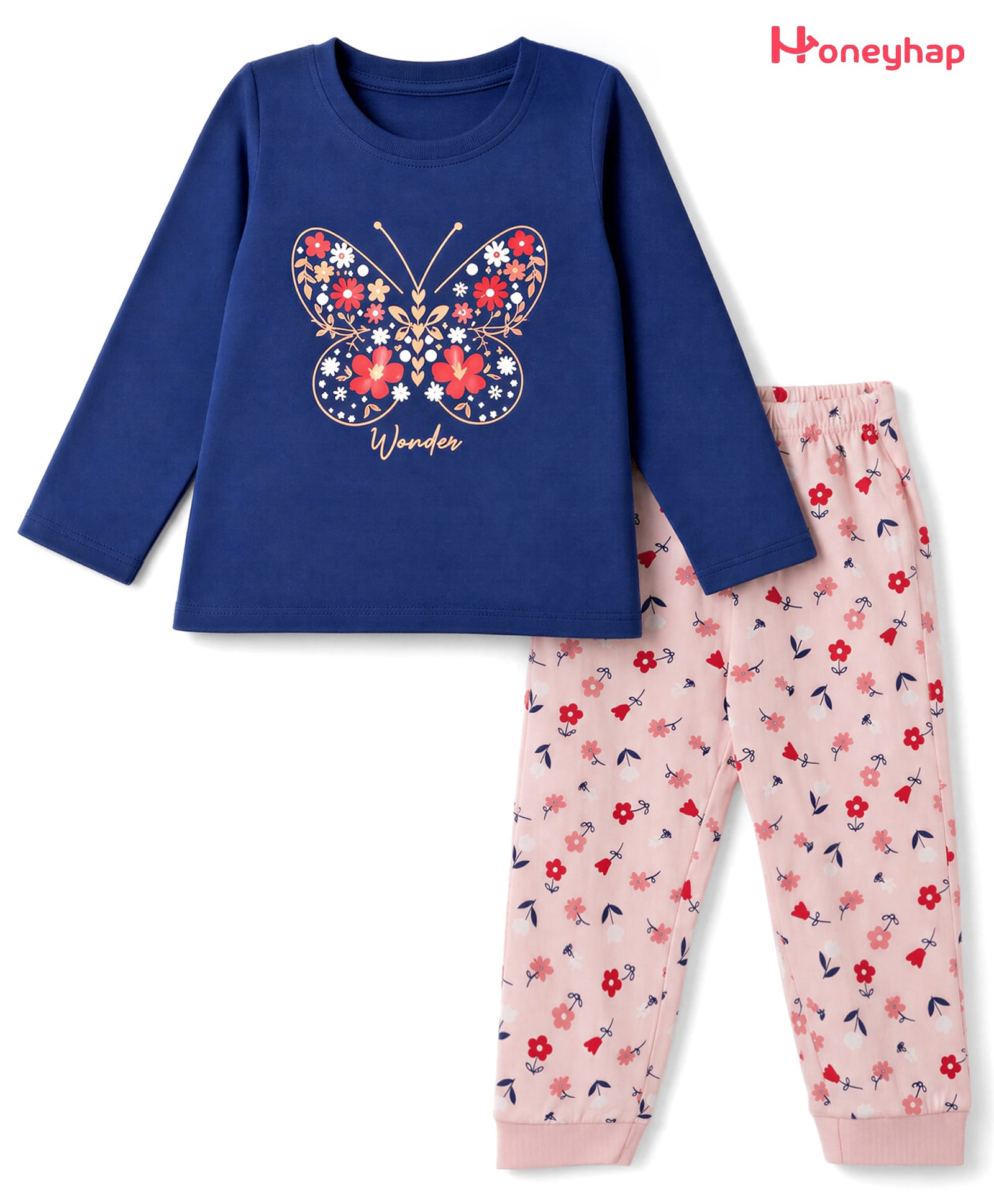 Honeyhap Premium 100% Cotton Knit Full Sleeves Butterfly & Floral Printed T-Shirt & Pyjama Night Suit with Bio Finish - Navy Blue-picture-4