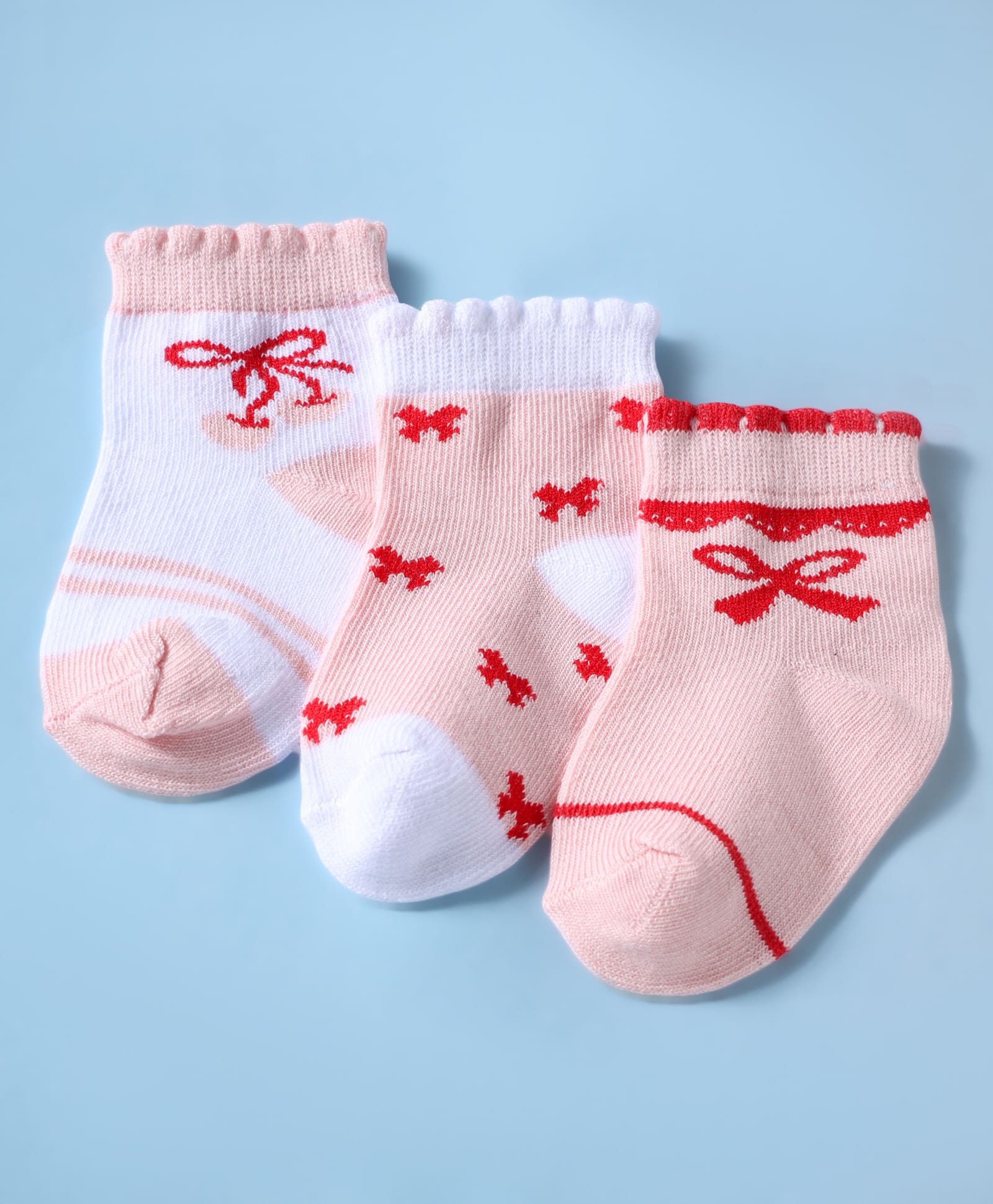 Doodle Poodle Knit Ankle Length Socks with Bow Design Pack of 3 - White & Pink-picture-36