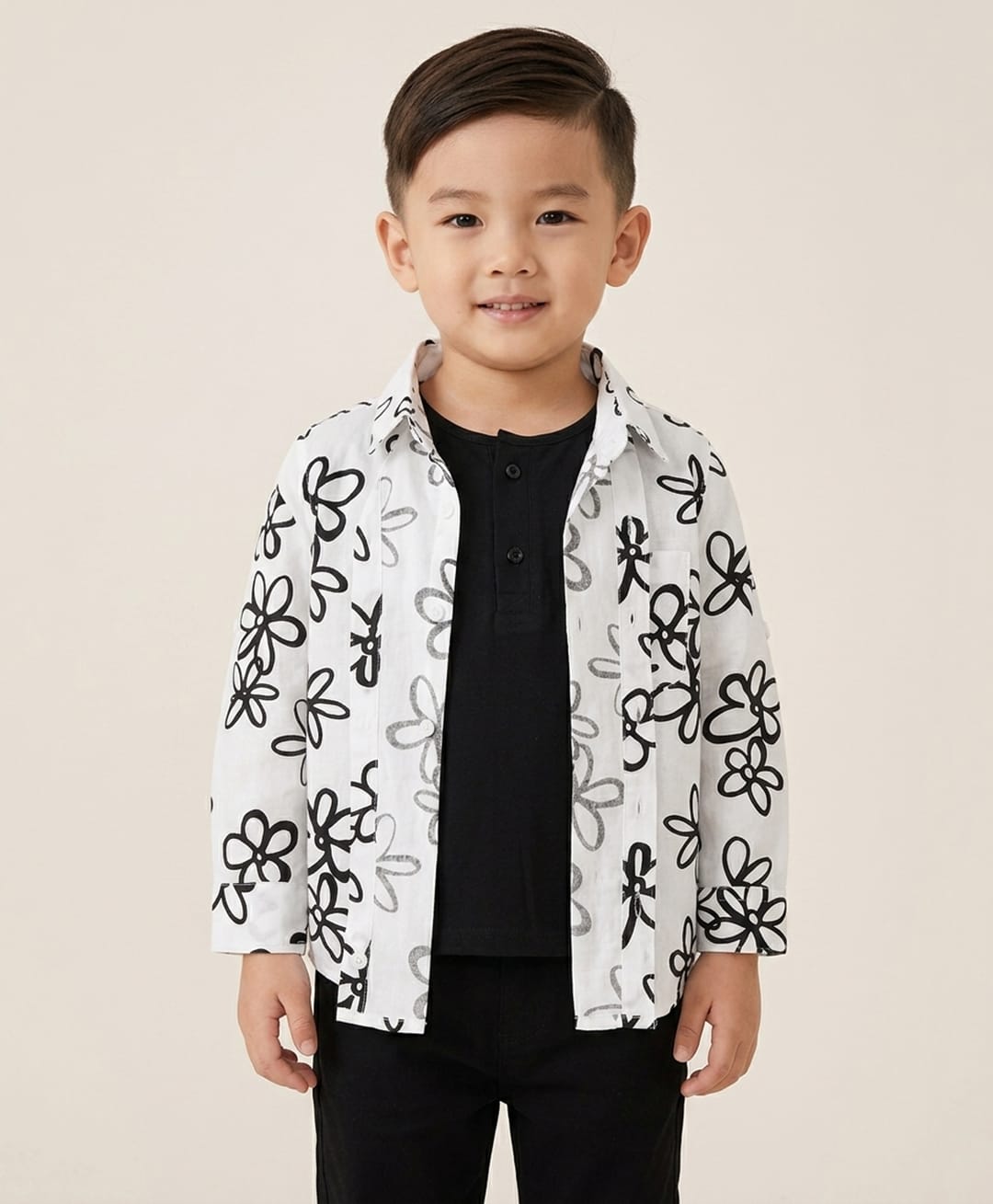 Rikidoos Cotton Woven Shirt with Attached T-Shirt Full Sleeves White Floral Print 3-4 Years-image-11