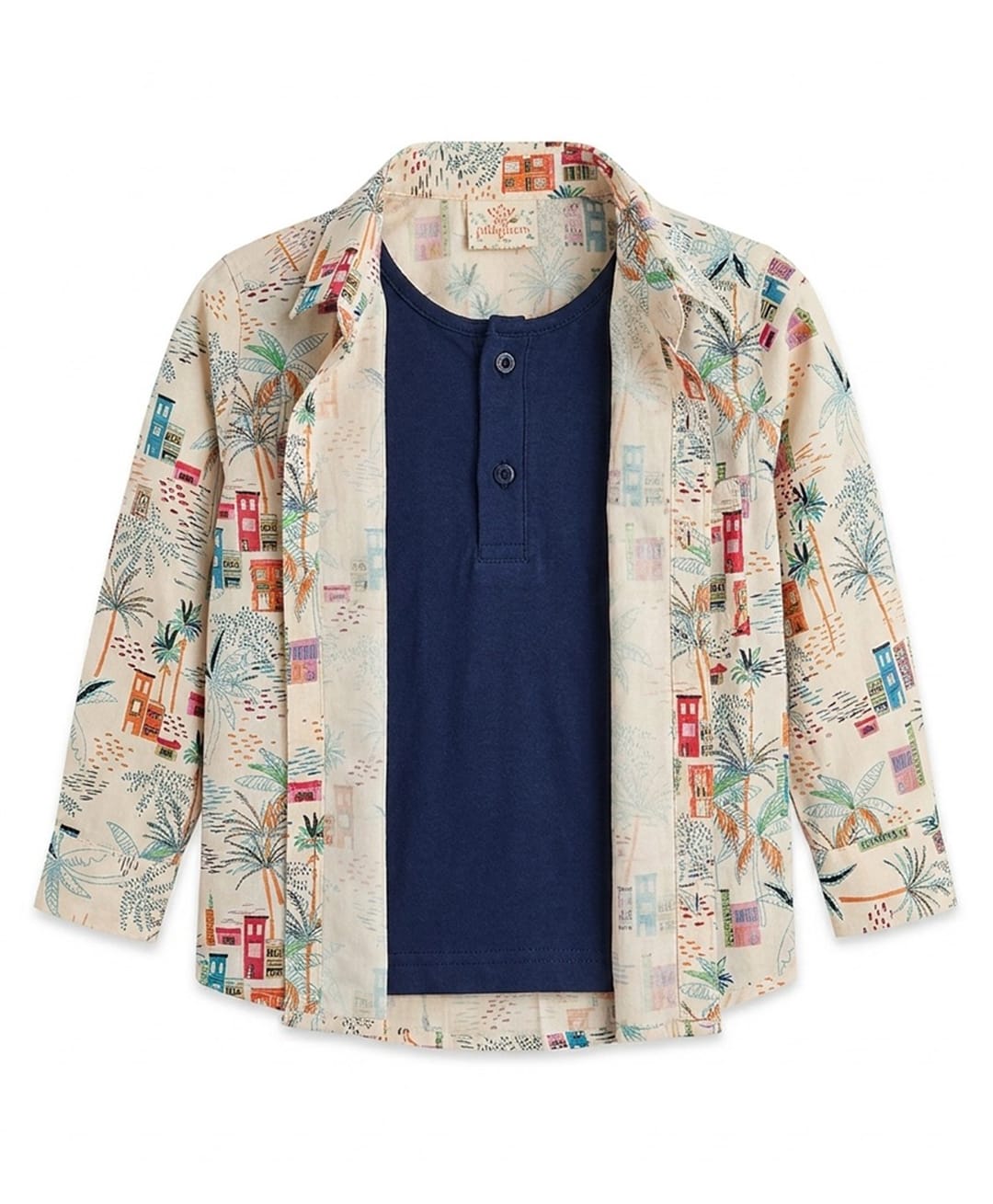 Rikidoos Cotton Woven Full Sleeves Beach Theme Printed Shirt With Attached Tee - Cream-picture-2