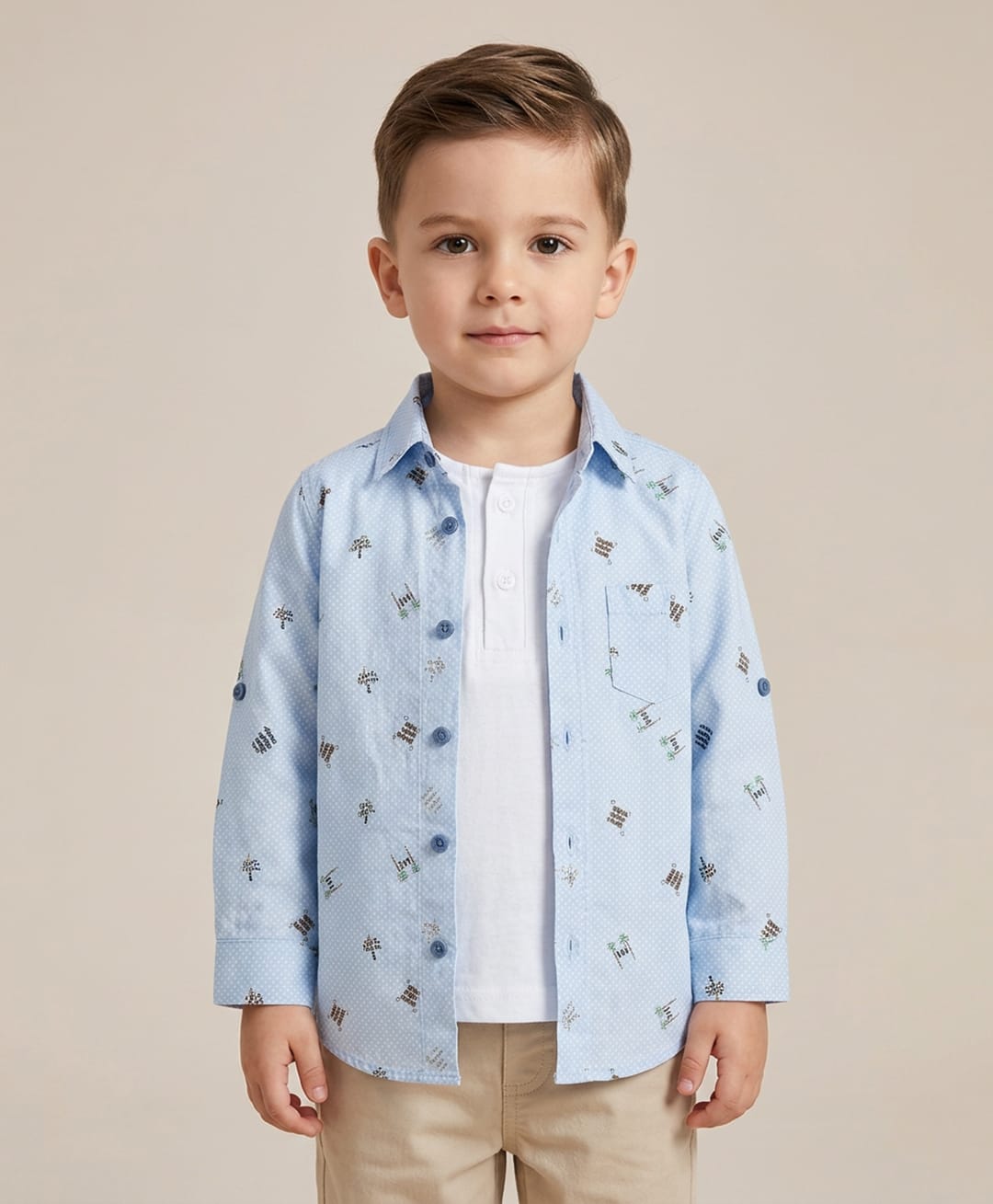 Rikidoos Cotton Woven Printd Shirt With Attach T-Shirt Full Sleeve Light/Sky Blue 3-4 Years-picture-18