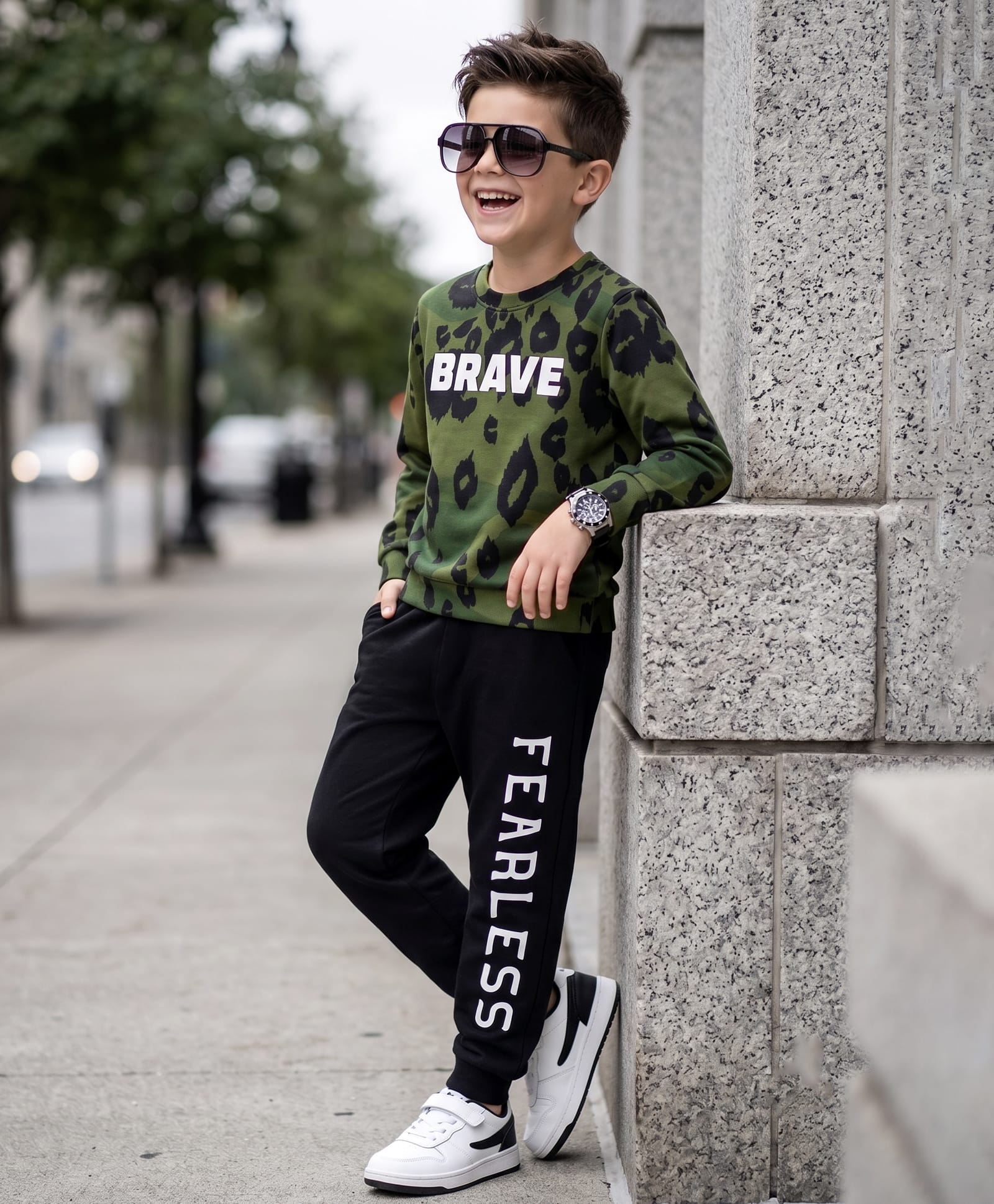 Ollington St. Looper Knit Full Sleeves Winter Wear Sweatshirt & Jogger Set Leopard & Text Print - Green & Black-picture-27