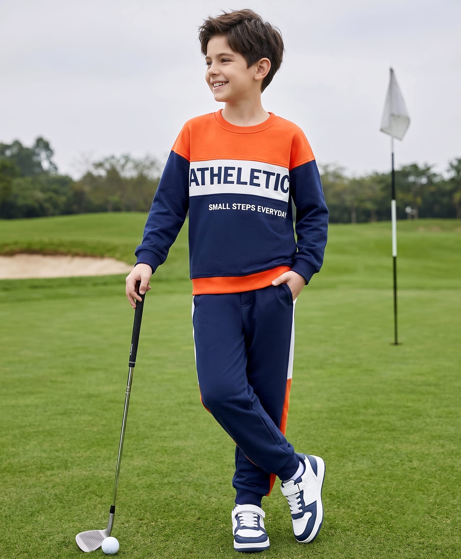 Ollington St. Cotton Looper Knit Full Sleeve Cut & Sew Winterwear Sweatshirt & Joggers with Athletic Print -Orange & Navy-picture-11