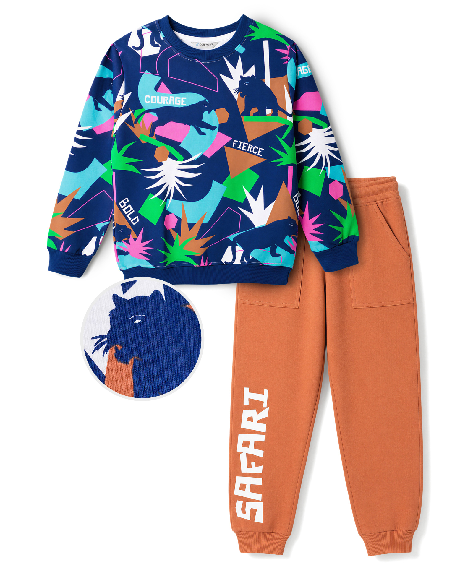 OLLINGTON ST. Winterwear Cotton Knit Printed Full Sleeve Sweatshirt & Joggers Set -Multicolour & Navy Blue-image-19