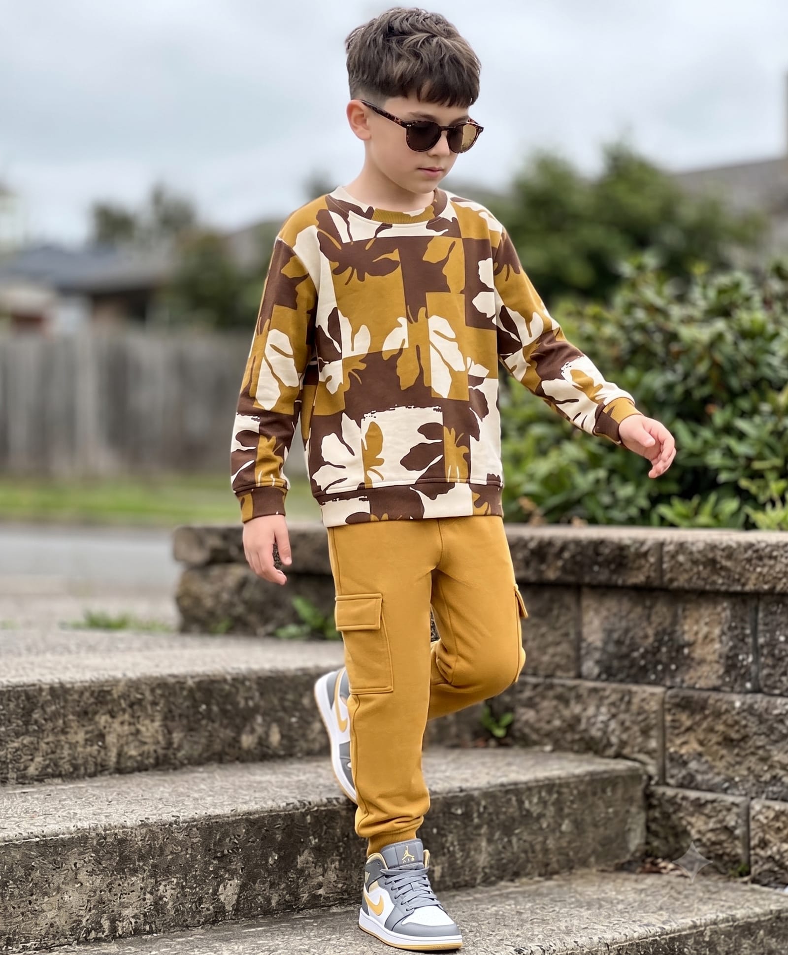 OLLINGTON ST. Winterwear Cotton Knit Tropical Theme Printed Full Sleeve Sweatshirt & Joggers -Mustard & Brown-picture-30