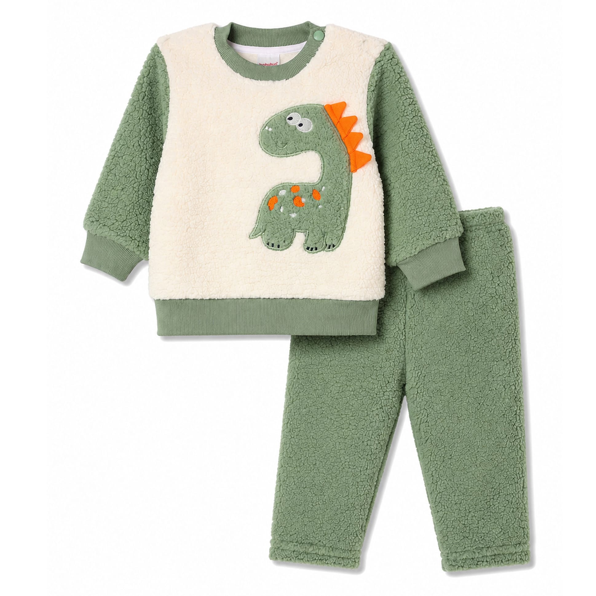 Babyhug Velour Woven Full Sleeves Dino Embroidered Winter Wear Suit - Olive Green-image-7