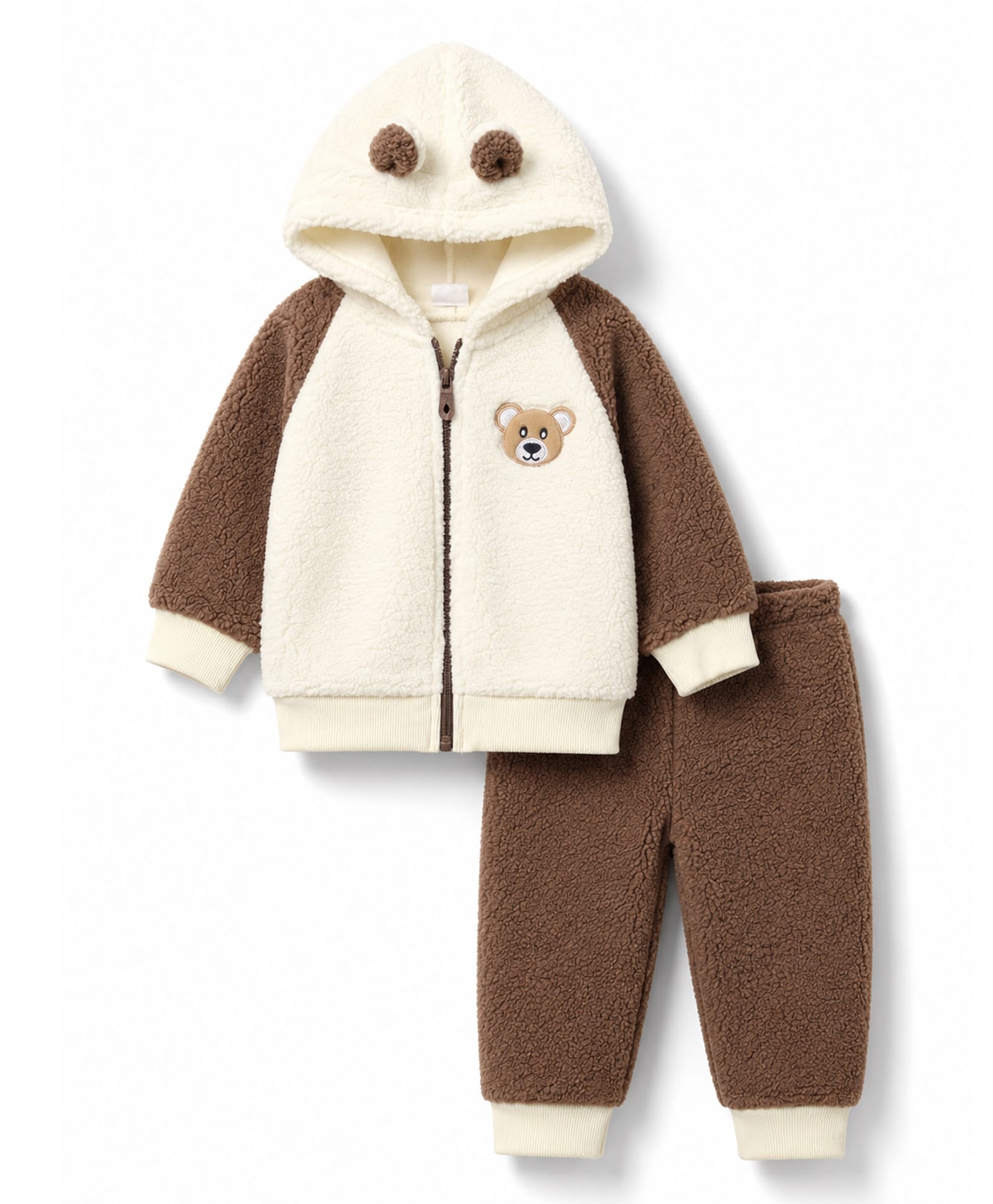 Babyhug Fur Woven Full Raglan Sleeves Hooded Winter Wear Suit Teddy Patch - White & Brown-image-23