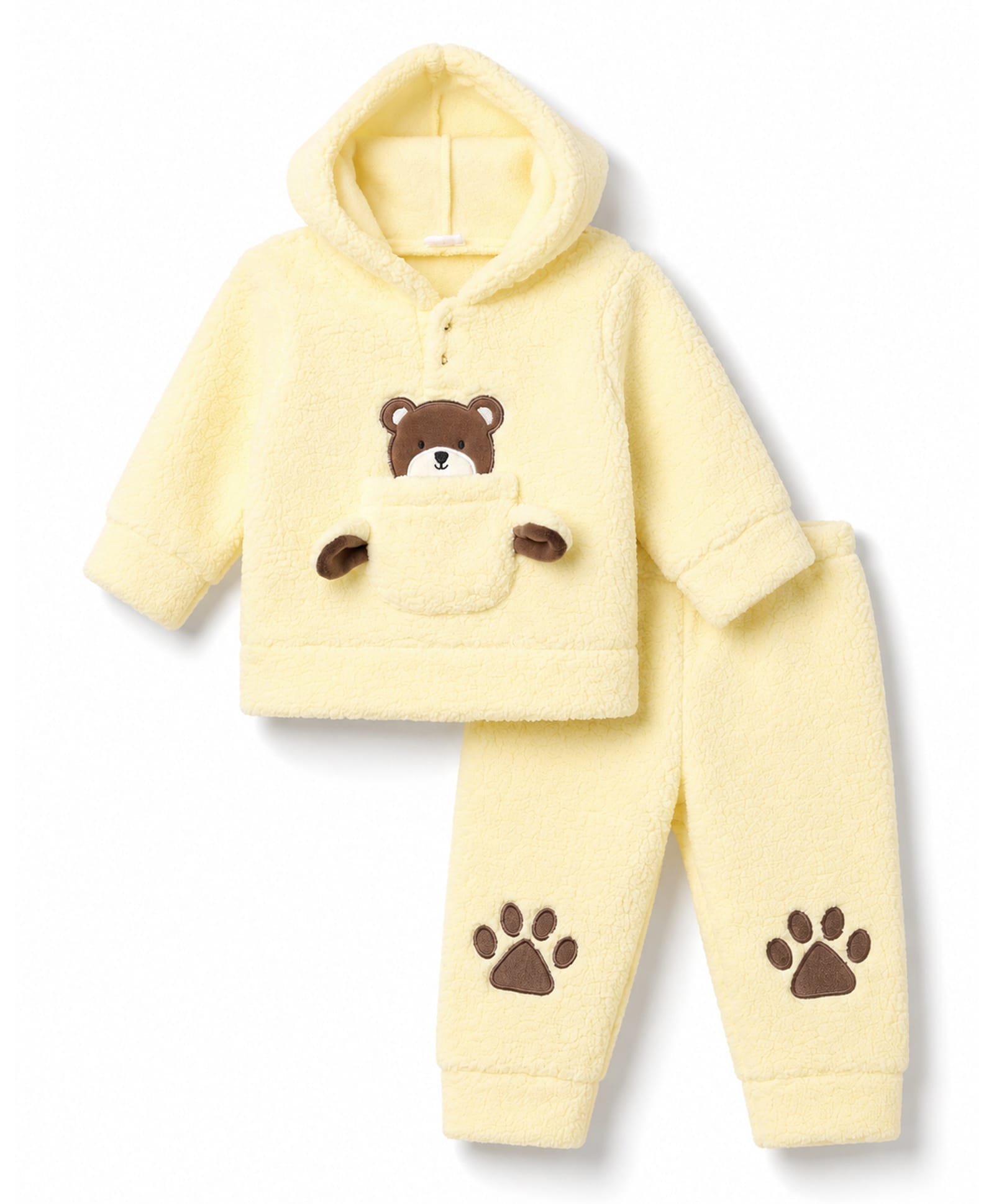Babyhug Fur Woven Full Sleeves Bear Embroidered Hooded Sweatshirt With Pant Winter Wear Suit - Yellow-image-17