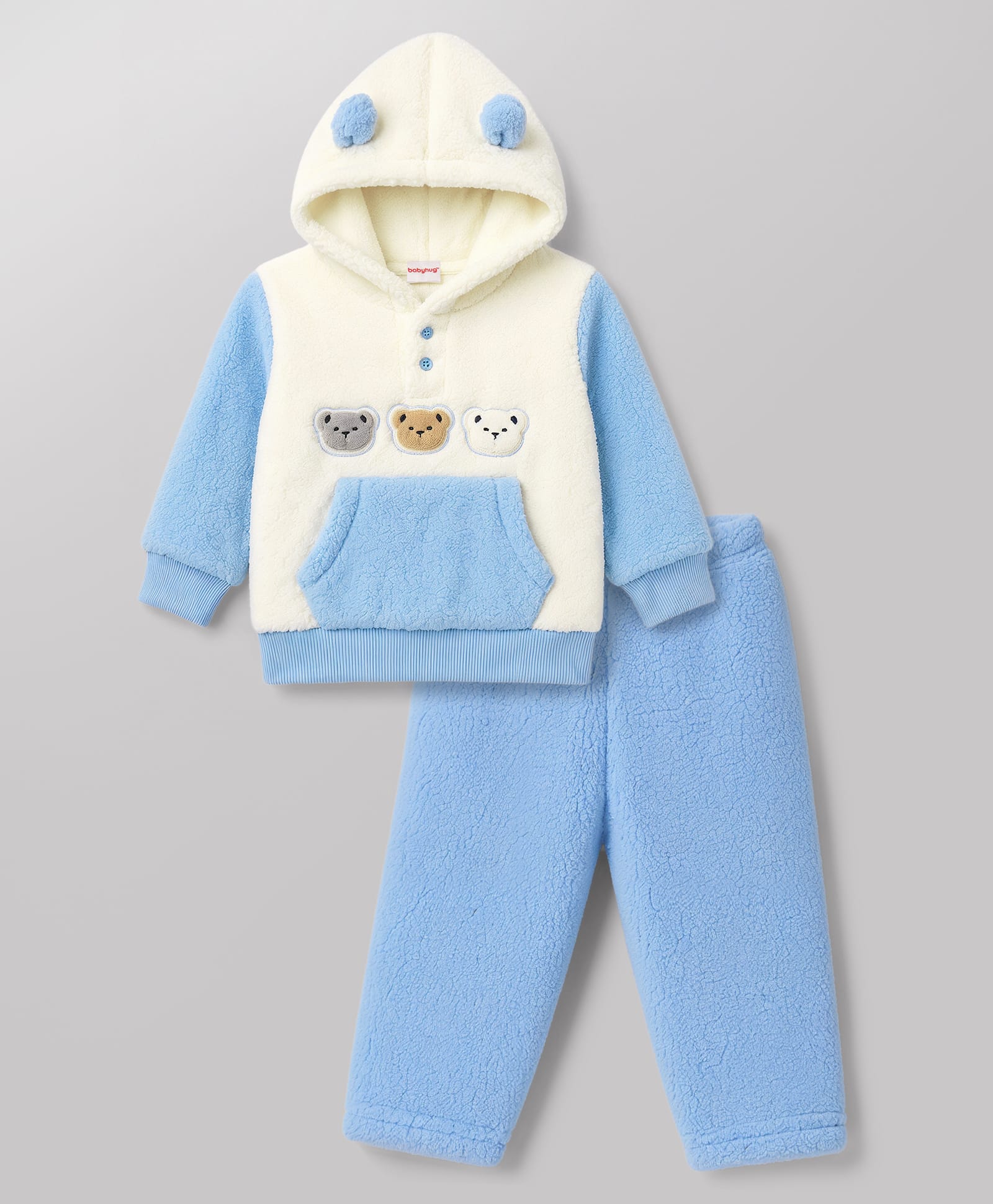 Babyhug Fur Woven Full Sleeves Hooded Winter Wear Suit Teddy Patch - Blue-image-24