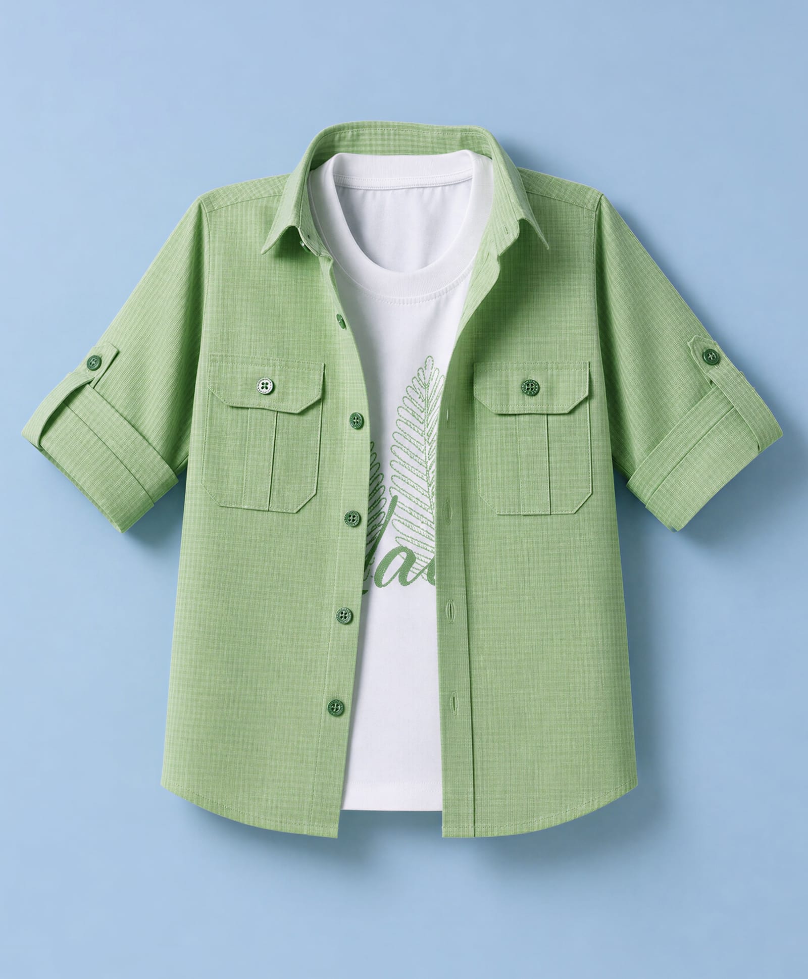 Rikidoos Cotton Woven Full Sleeves Shirt With Pockets & T-Shirt With Nature Text Print - Light Green & White-picture-17