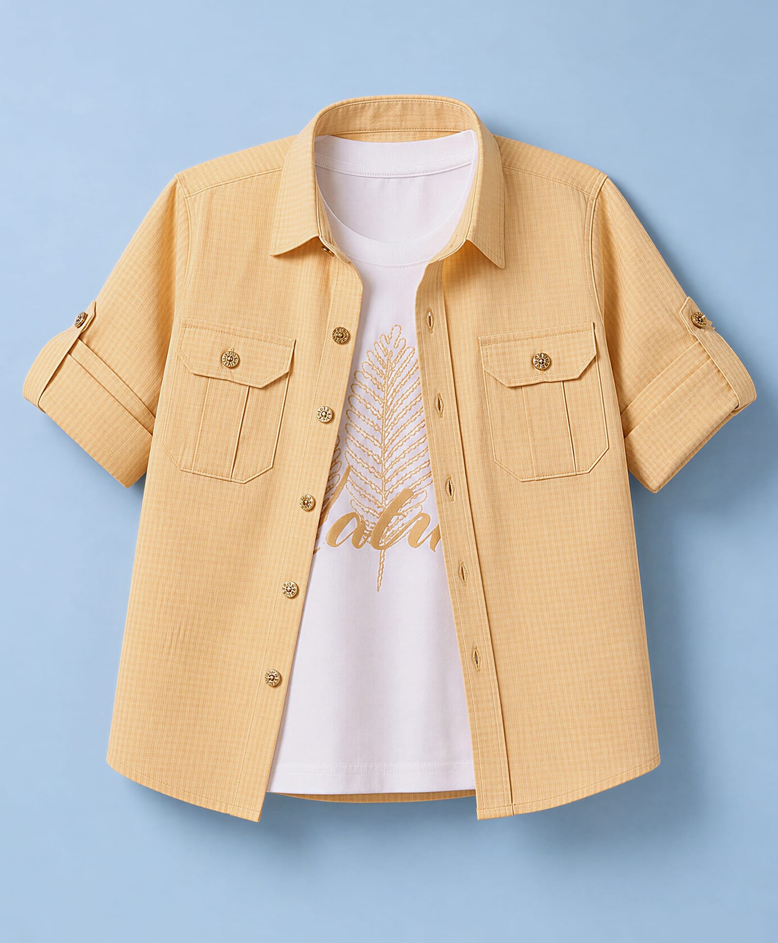 Rikidoos Cotton Woven Full Sleeves Solid Shirt & Nature Printed T-Shirt - Mustard-image-2