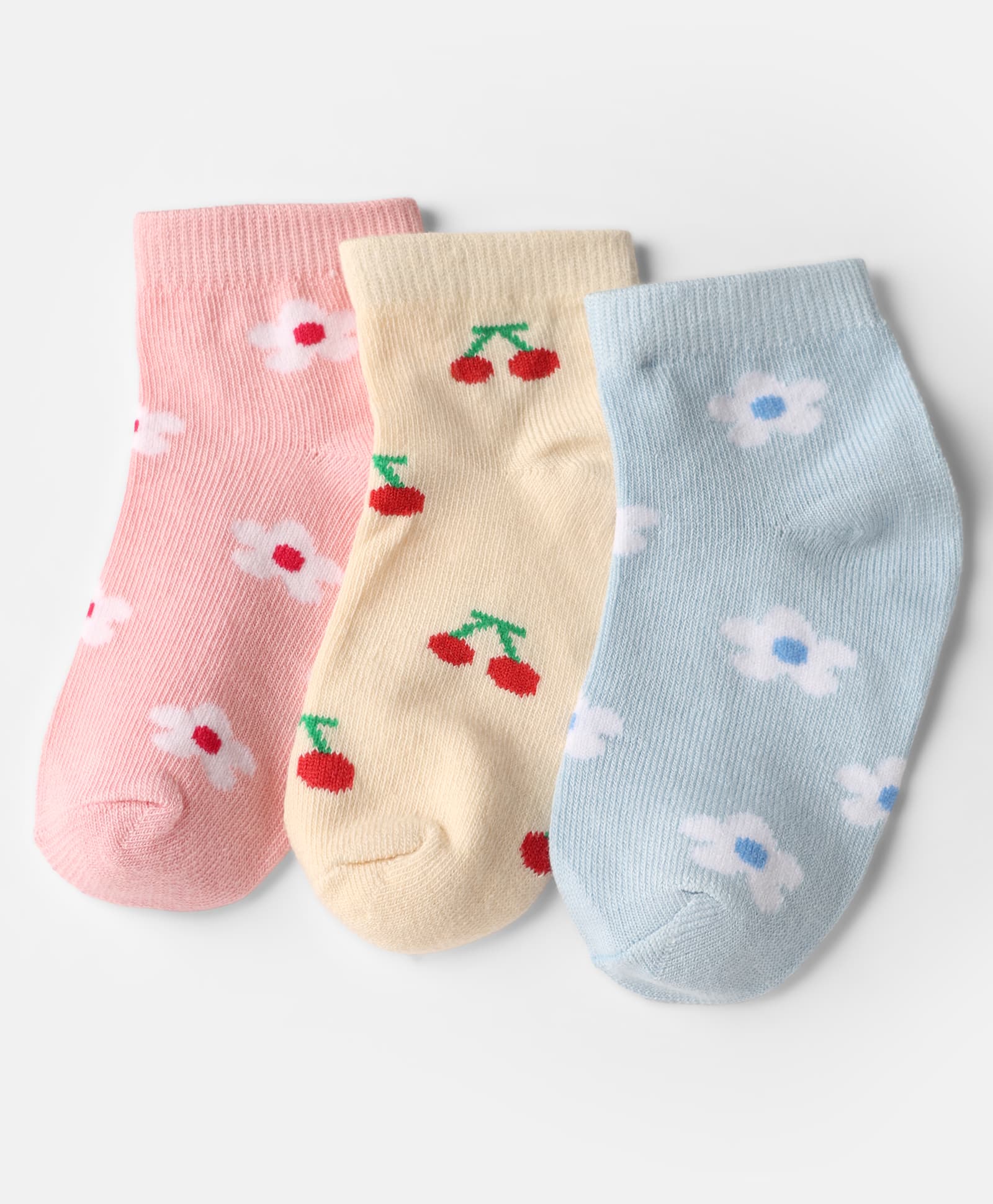 Doodle Poodle Knit Ankle Length Floral & Cherry Design Socks Pack of 3 - Light Blue Yellow & Pink-picture-20