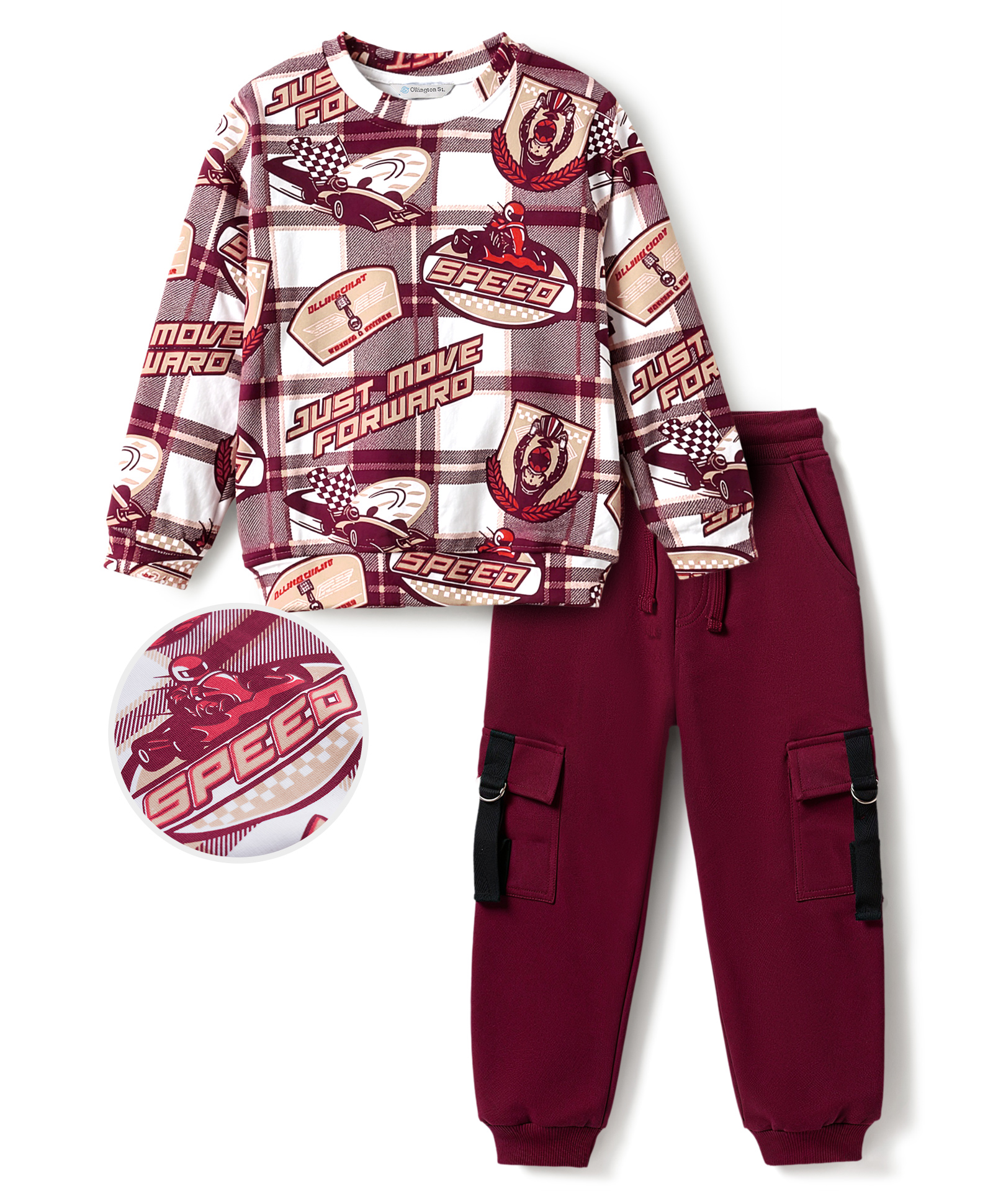 Ollington St. Looper Knit Full Sleeves Winter Wear Sweatshirt & Jogger Set Racing Car Print - Maroon-picture-20