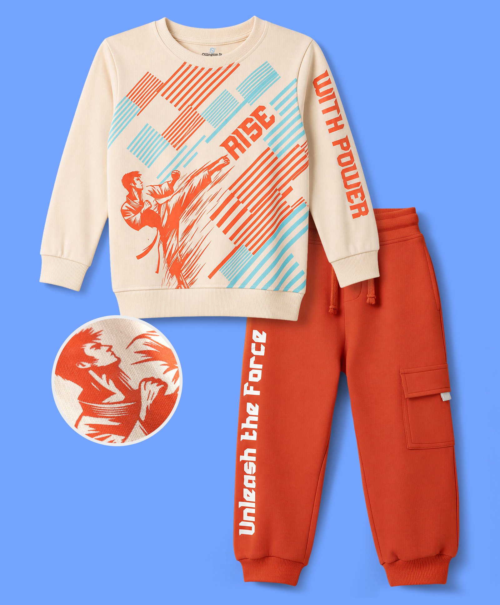 Ollington St. Looper Knit Full Sleeves Winter Wear Sweatshirt & Jogger Set Karate & Text Print - Off White-image-3