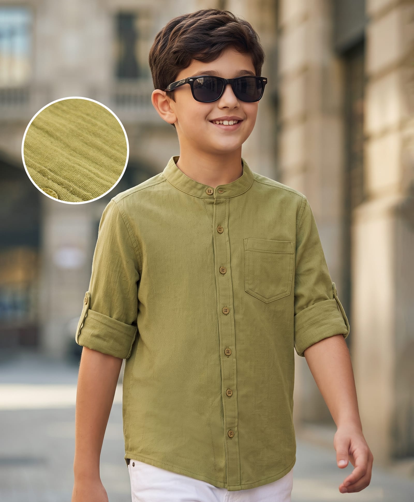 Pine Kids Cotton Woven Full Sleeves Solid Shirt with Mandarin Collar - Olive-picture-19