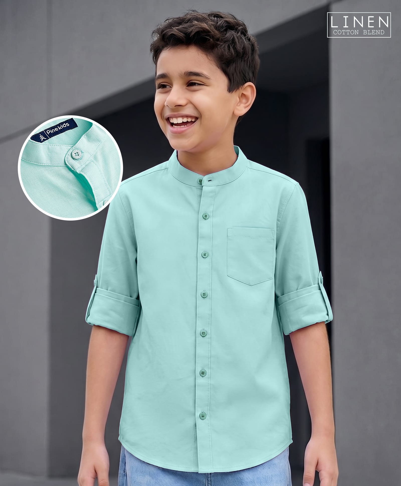 Pine Kids Cotton Woven Solid Shirt Mandarin Collar Roll Up Sleeves Blue 6-7 Years-picture-16