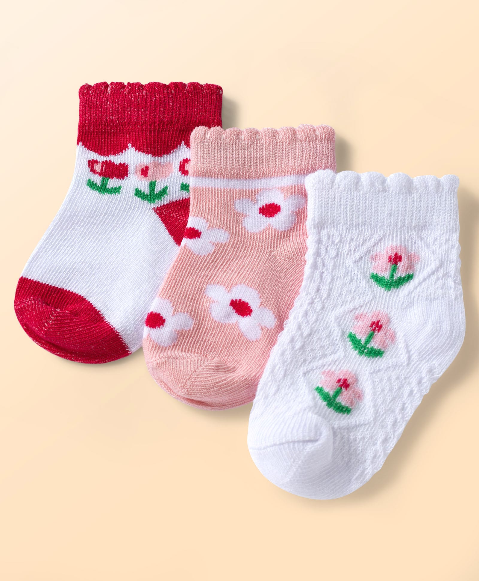 Doodle Poodle Cotton Knit Ankle Length Floral Design Socks Pack of 3 - White & Pink-picture-10