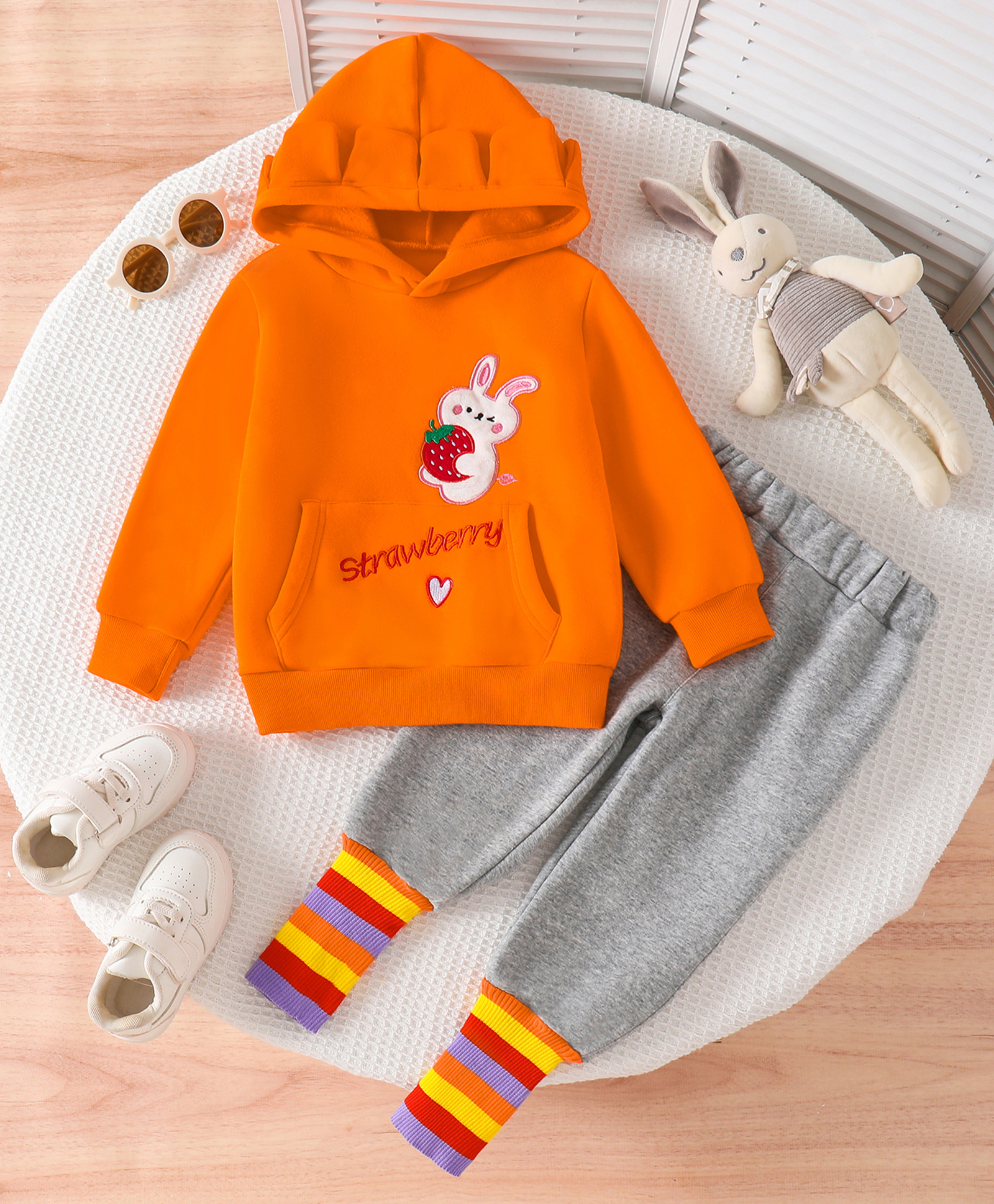 Mark & Mia Full Sleeves Bunny & Strawberry Embroidered Hooded Sweatshirt & Pant Winter Wear Suit - Orange-image-2