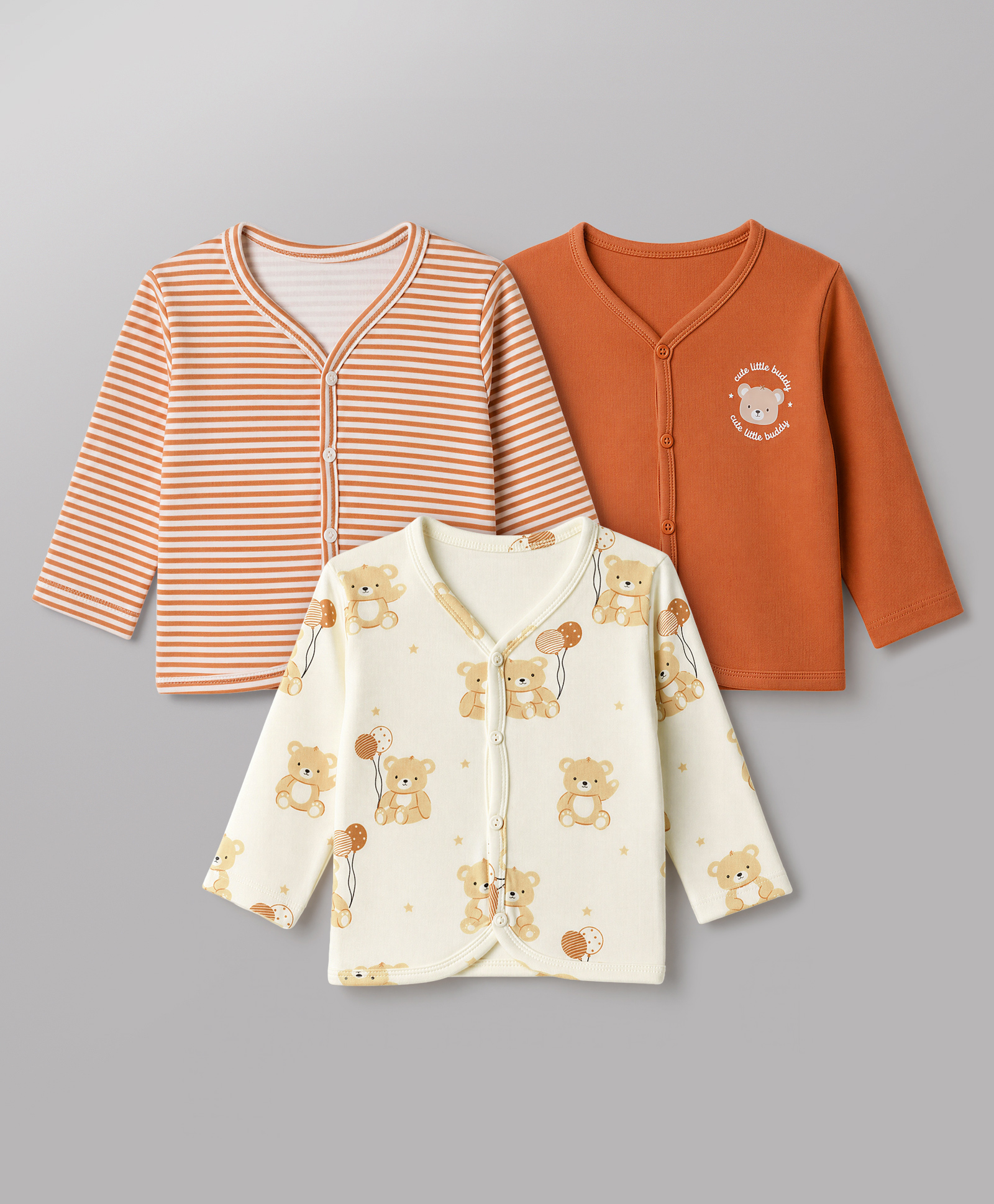 Babyhug 100% Cotton Interlock Knit Front Open Striped Jhablas With Teddy Bear Print Pack of 3 - Light Orange, Orange & Beige-picture-15