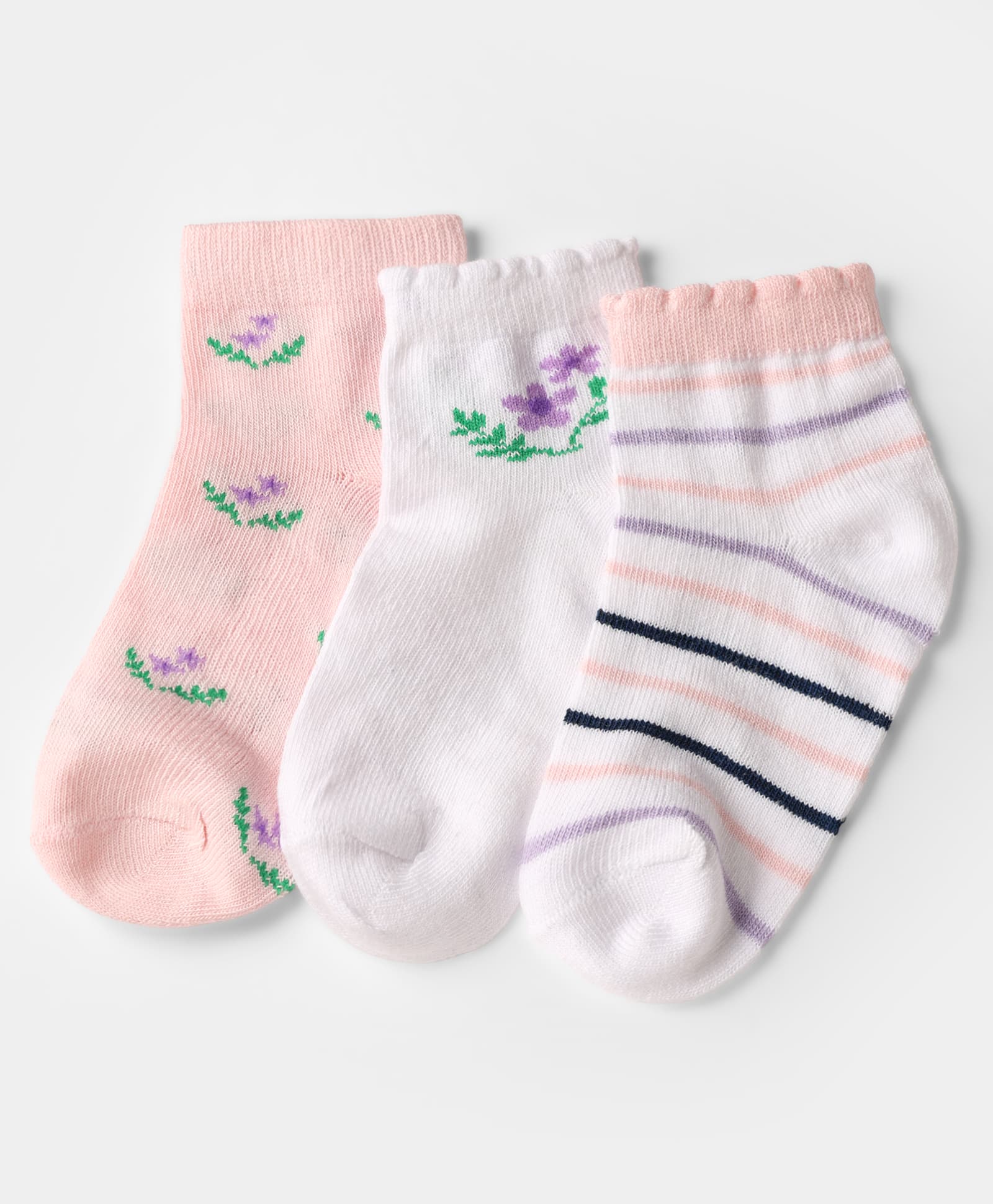 Doodle Poodle Knit Ankle Length Stripped Socks with Floral Design Pack of 3 - White & Peach-picture-39