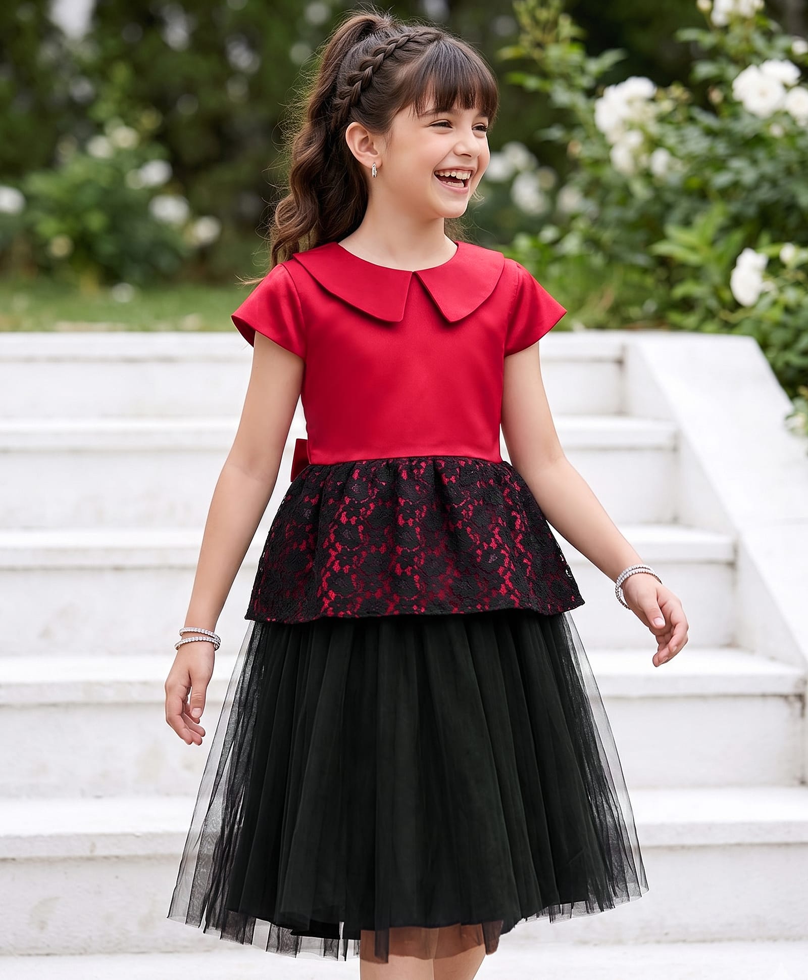 Pine Kids Mesh Woven Half Sleeves Peter Pan Collared Party Dress With Floral Lace Detailing - Dark Pink-picture-15