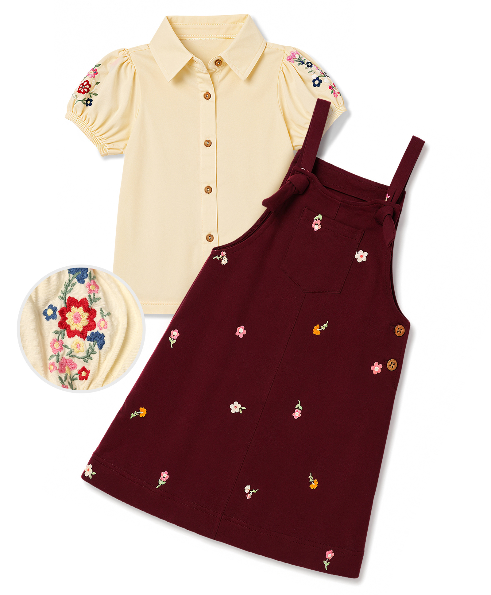 OLLINGTON ST. Cotton Knit Pinafore & Half Sleeve Shirt Top With Floral Embroidery & Print - Maroon-image-39