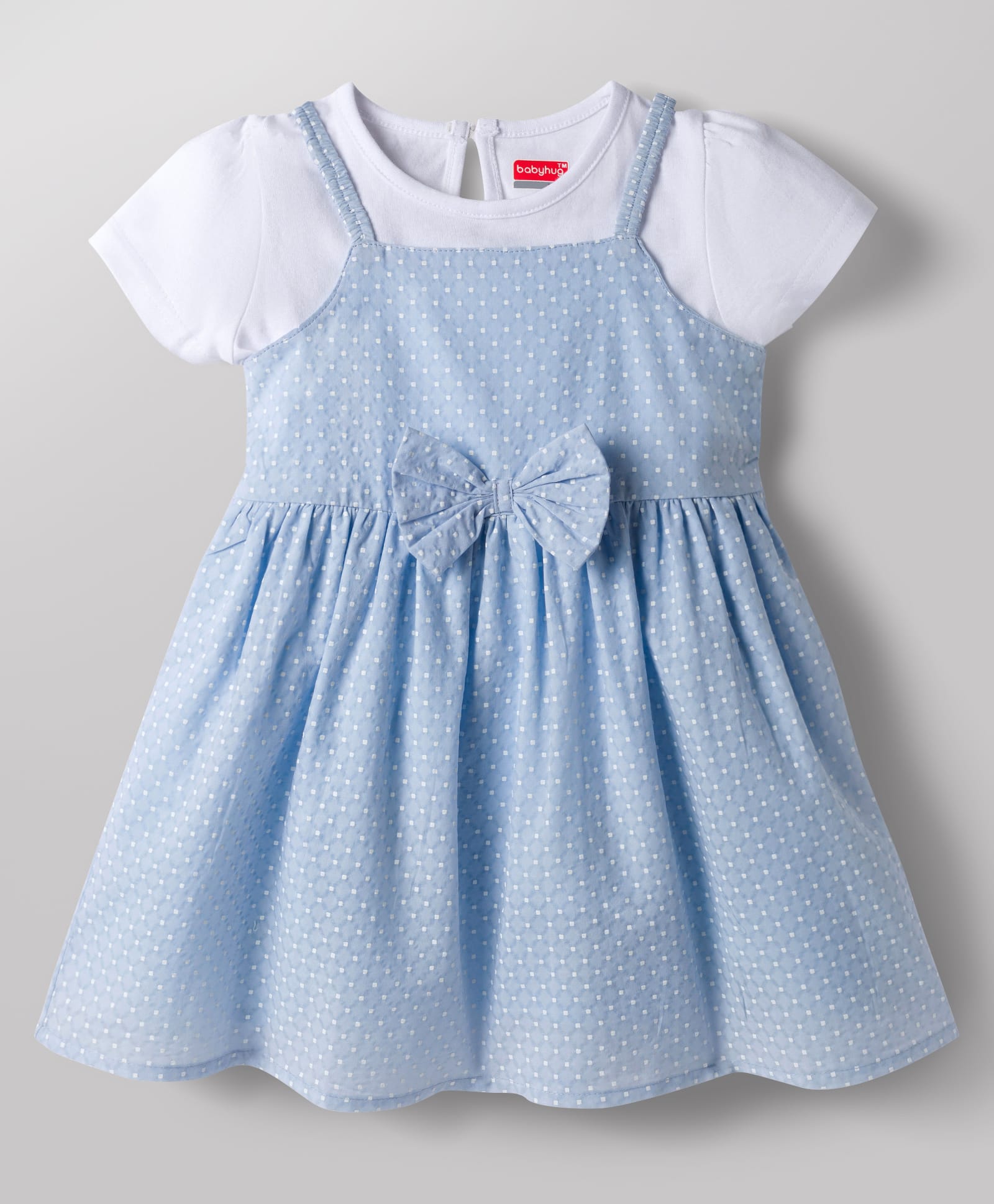 Babyhug Cotton Woven Half Sleeves Polka Dots Printed Frock With Inner Tee & Bow Applique - Light Blue & White-picture-24
