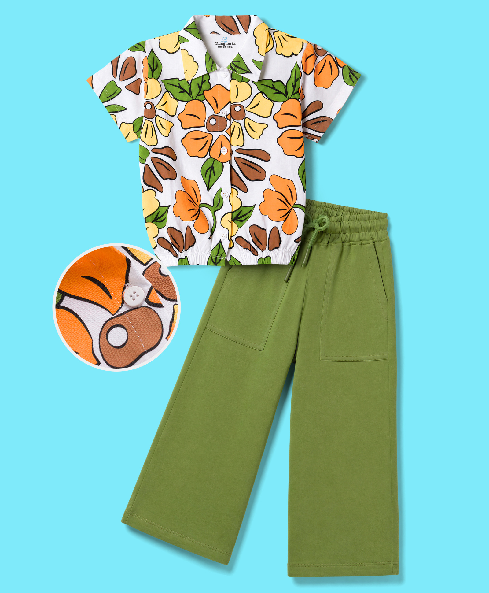 OLLINGTON ST. Set Of Cotton Knit Half Sleeve Floral Printed Shirt Top & Pant - Multicolour & Olive-image-34