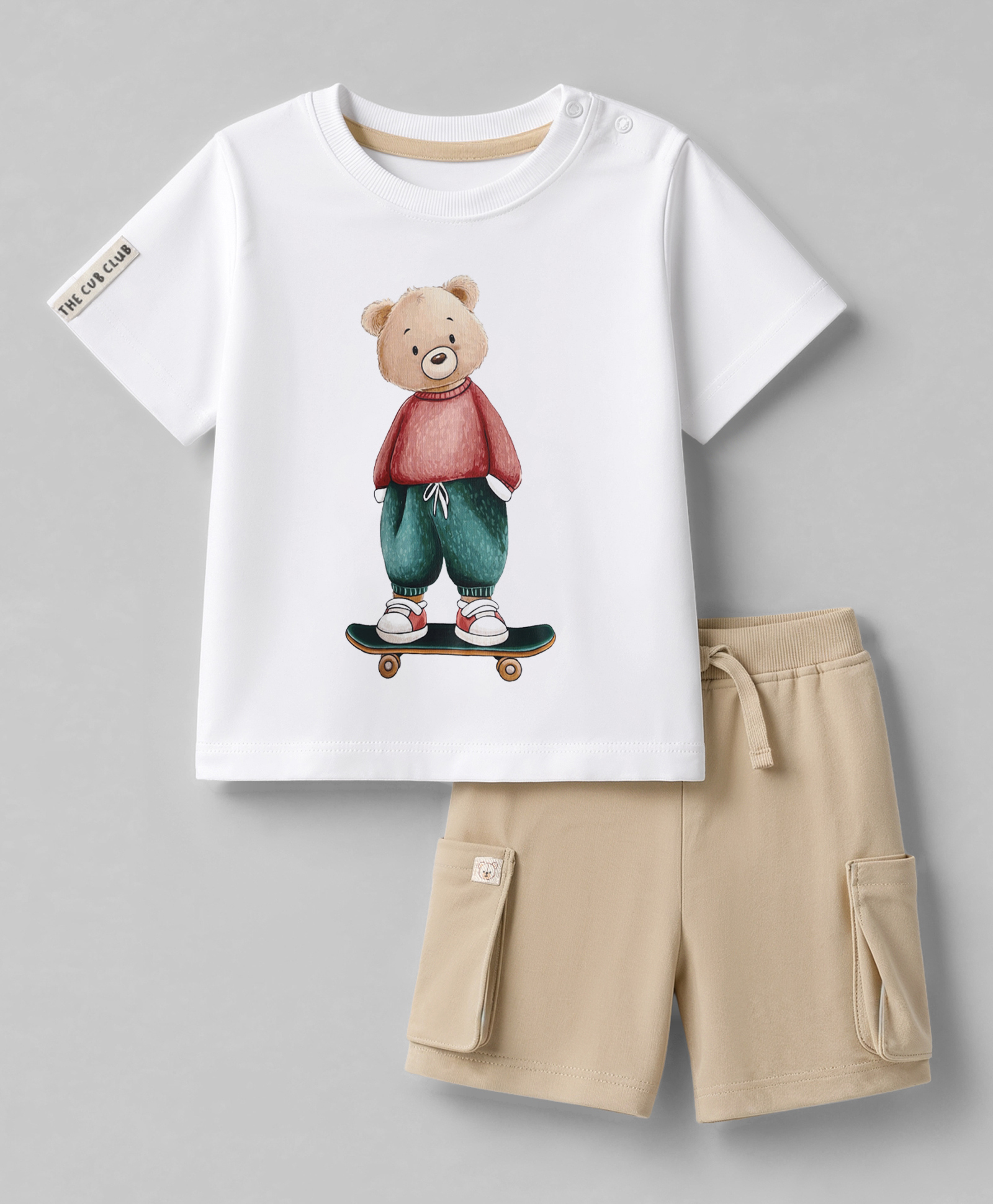 Bonfino 100% Cotton Knit Drop Shoulder Oversized Half Sleeves T-Shirt With Bear Print on Front & Back And Cargo Style Shorts Sets - White & Beige-image-21