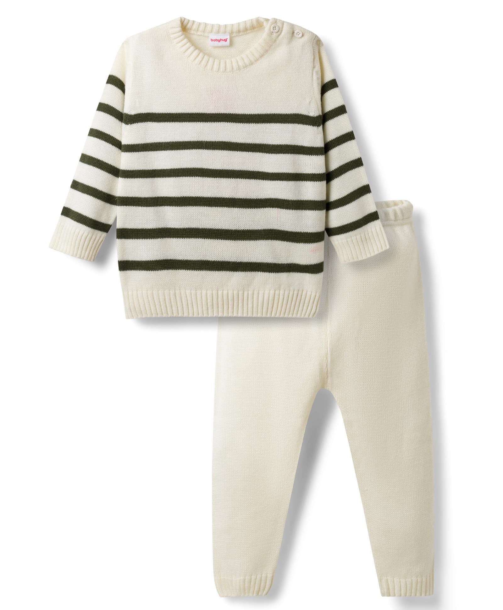 Babyhug Knit Full Sleeves Striped Sweater Set -White-picture-23