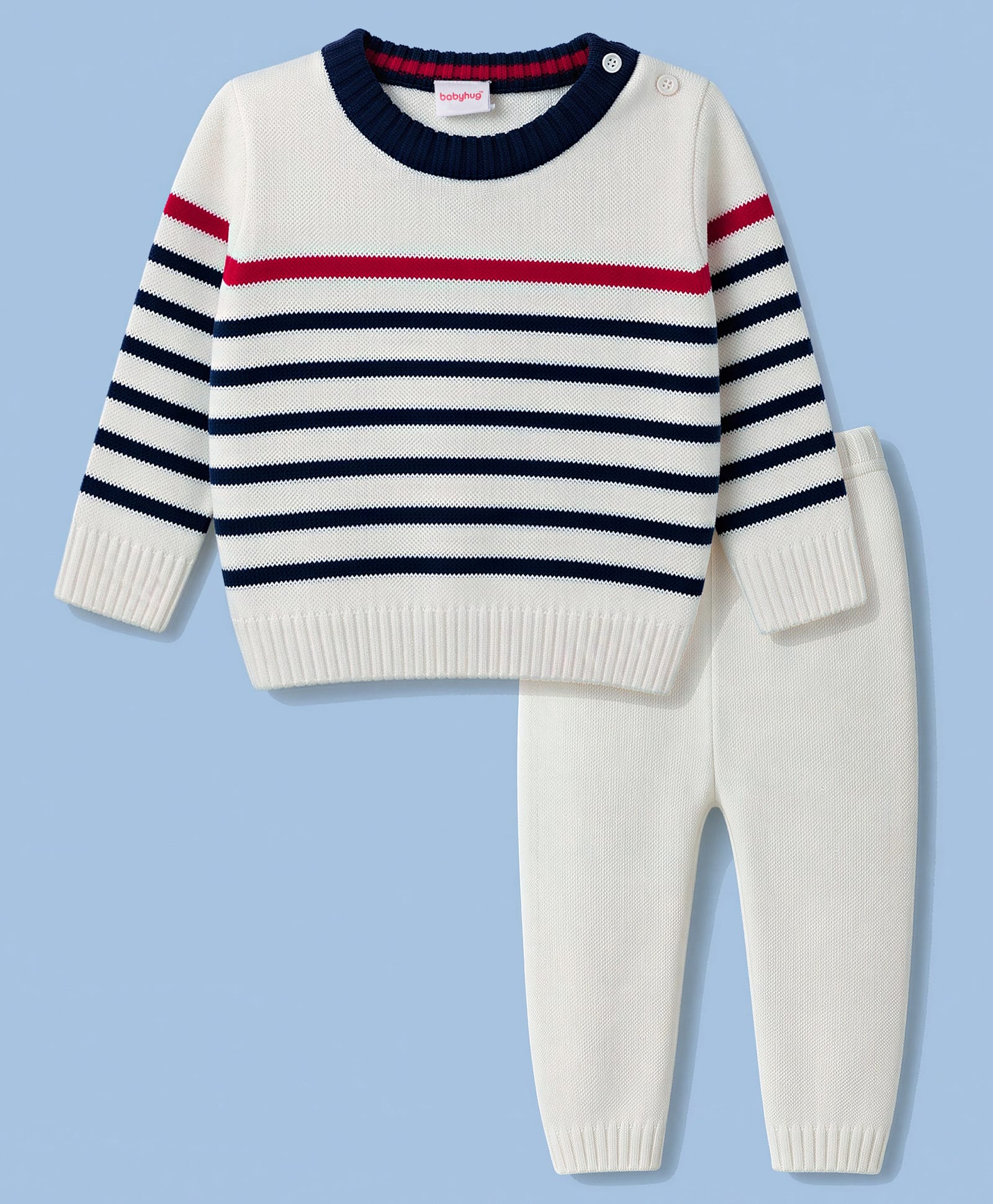 Babyhug Knit Full Sleeves Striped Sweater Set - White-picture-24