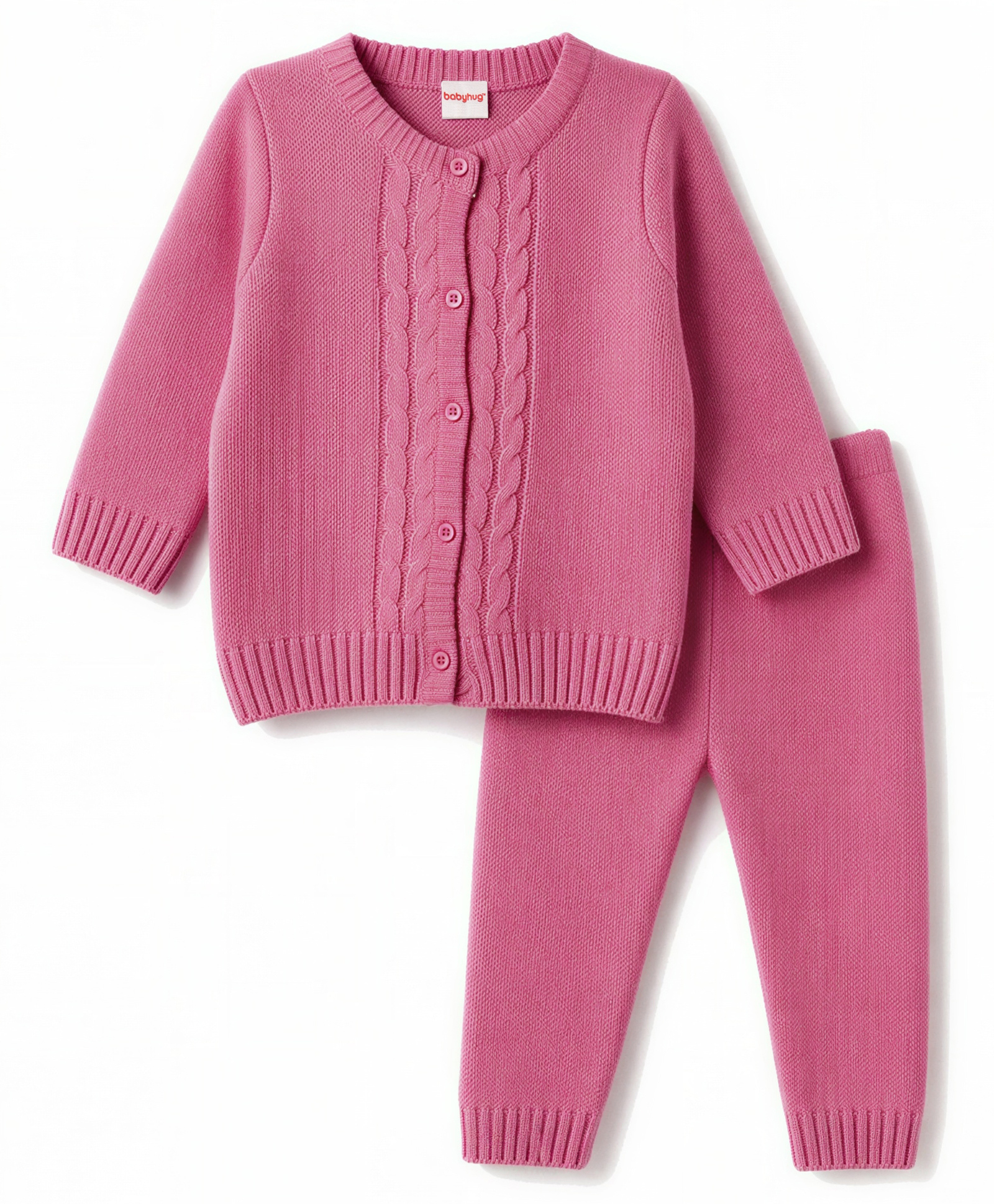Babyhug Knit Full Sleeves Solid Colour Sweater Set with Cable Knit Design- Pink-picture-14