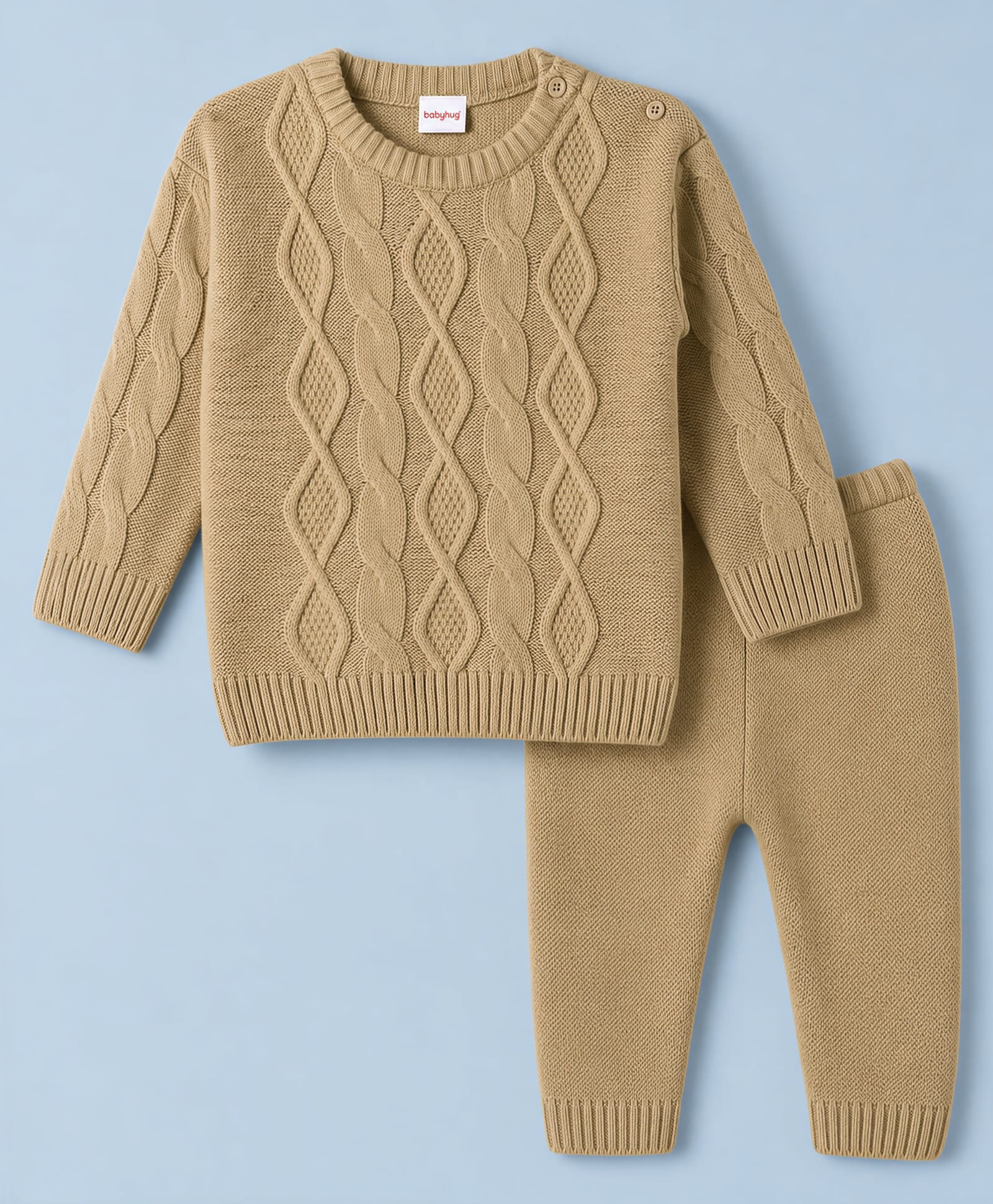 Babyhug Knit Full Sleeves Sweater Set With Cable Knit - Beige-image-5