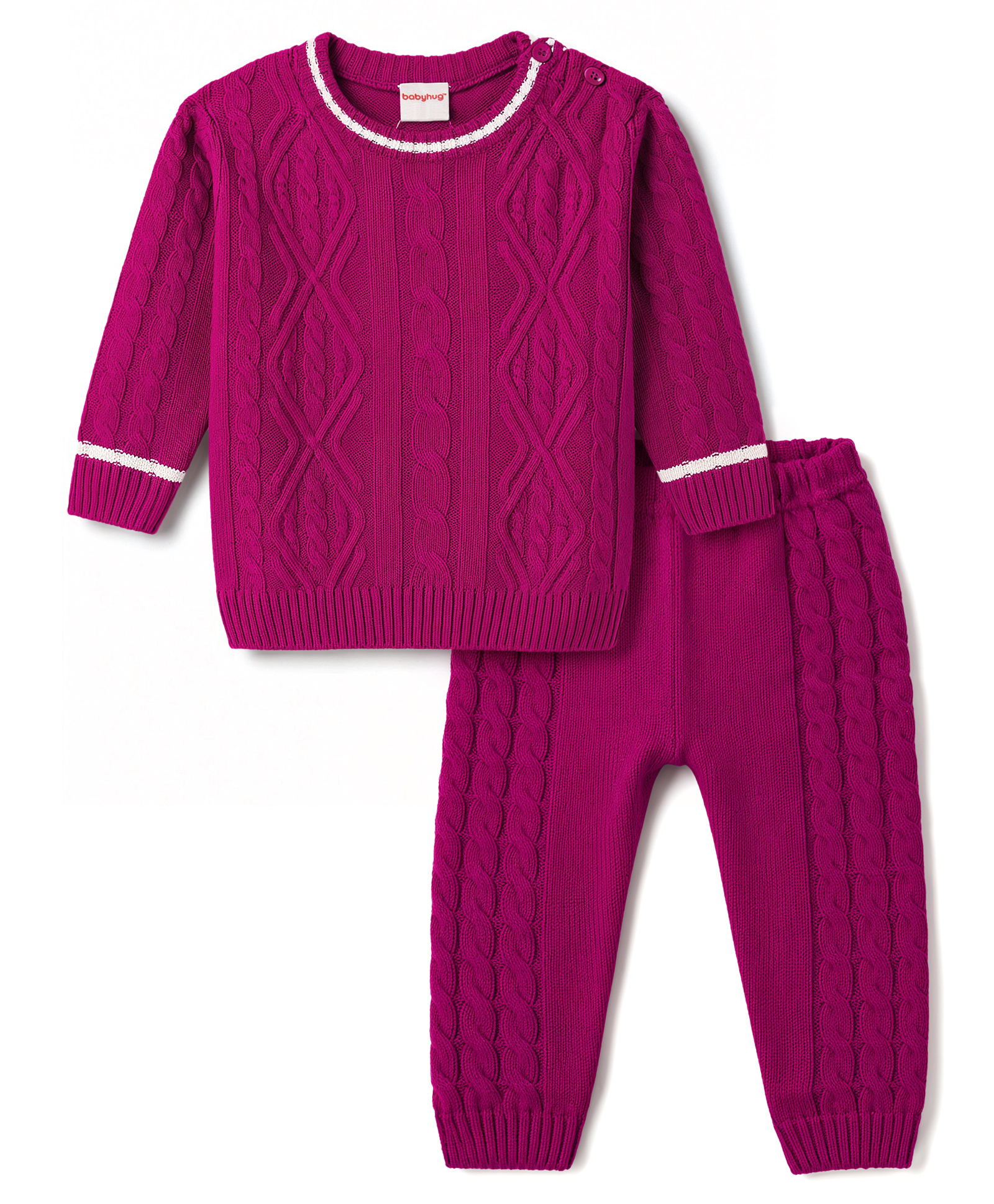 Babyhug Knit Full Sleeves Solid Colour Sweater Set With Cable Knit Design- Fuchsia-picture-15