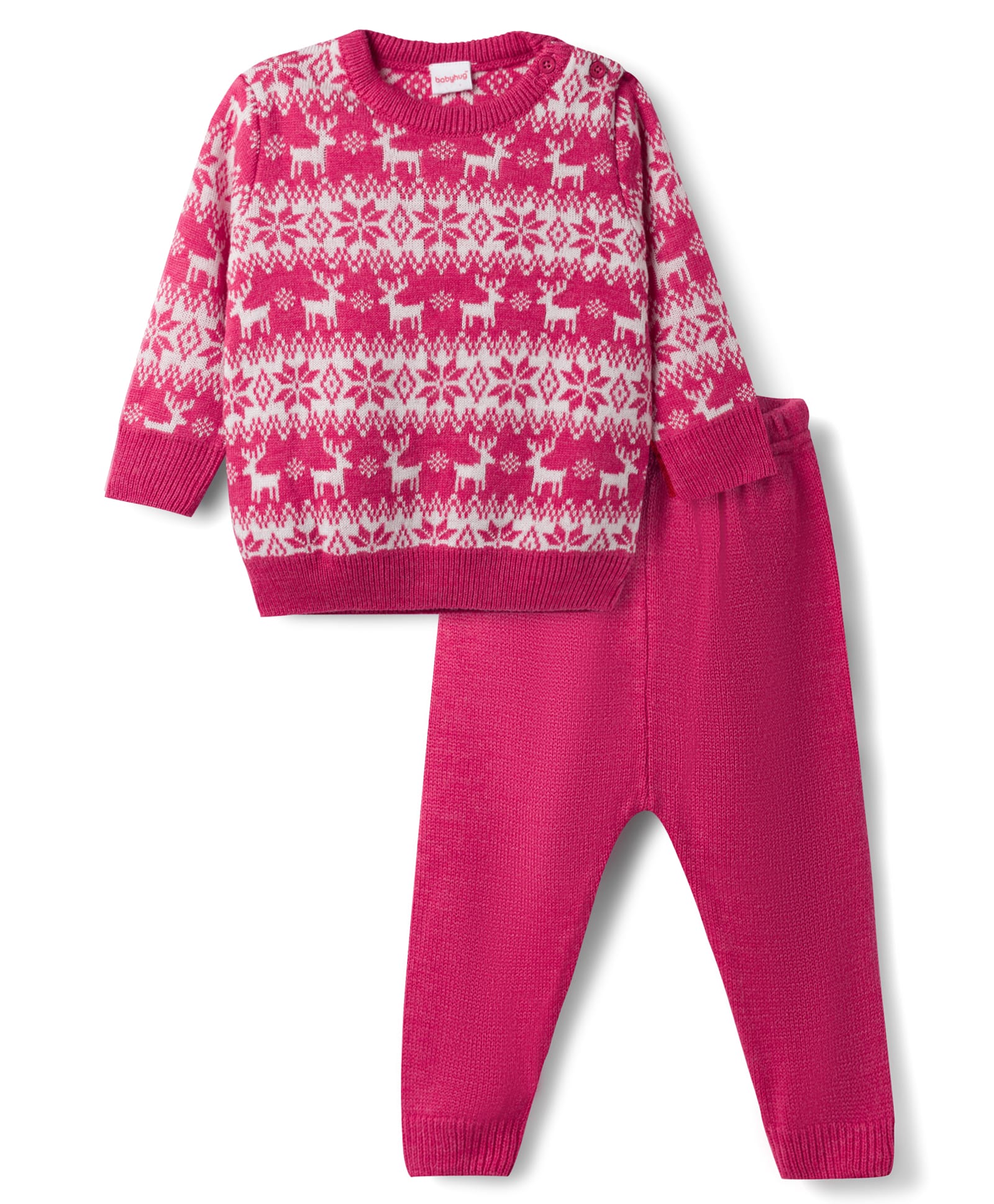 Babyhug Knit Full Sleeves Floral & Deer Designed Sweater Set -Pink-image-36